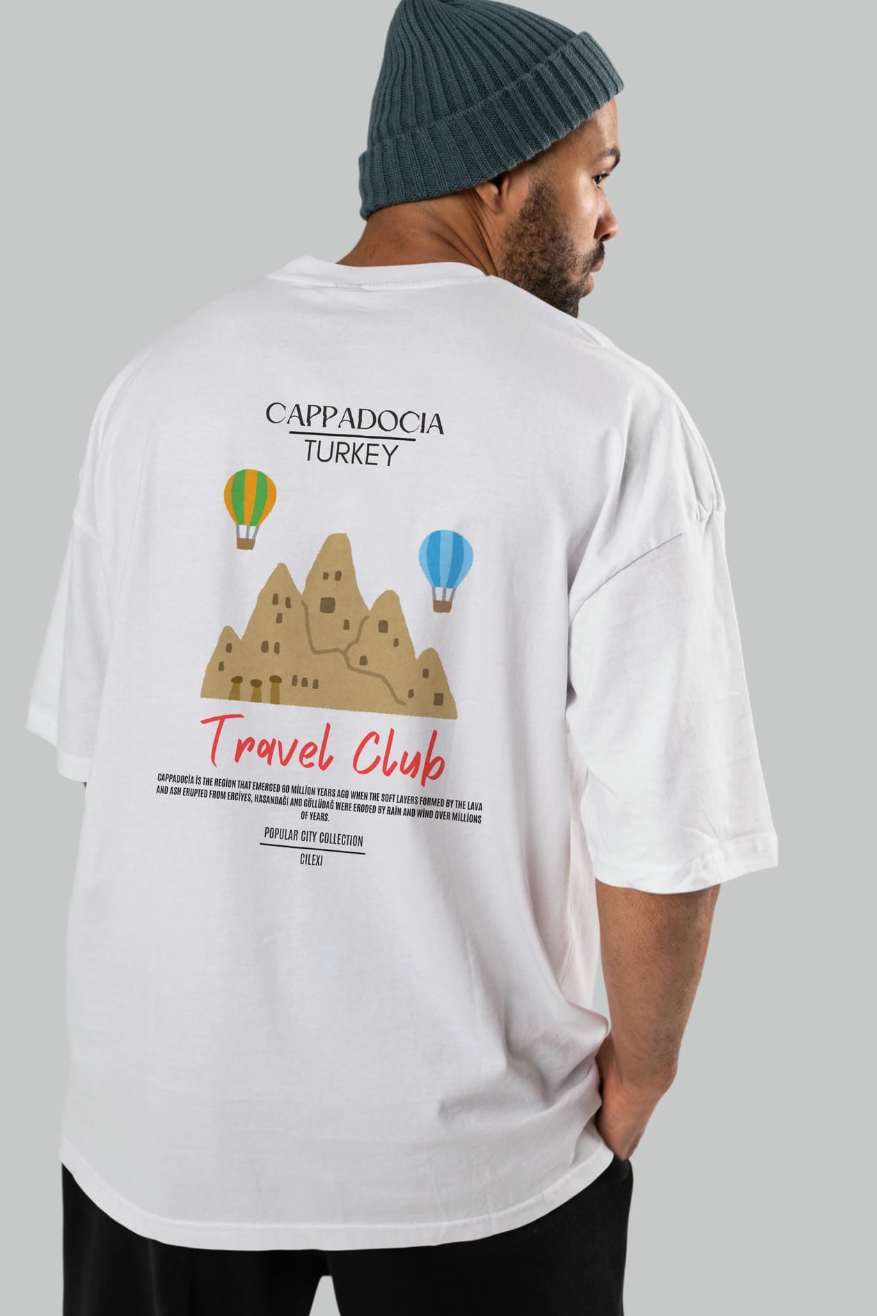 Cappadocia Turkey Arka Baskılı Oversize t-shirt Erkek Kadın Pamuk Bisiklet Yaka tişort