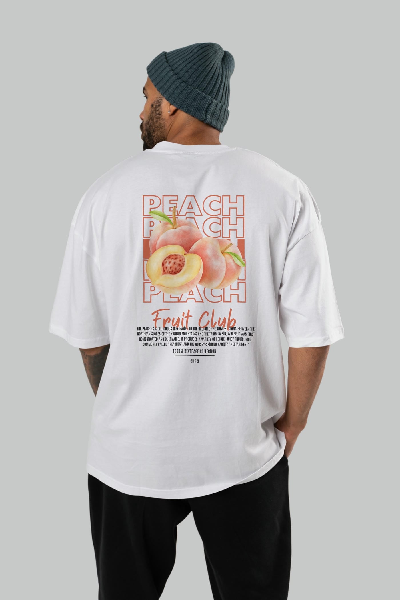 Peach Arka Baskılı Oversize t-shirt Erkek Kadın Pamuk Bisiklet Yaka tişort