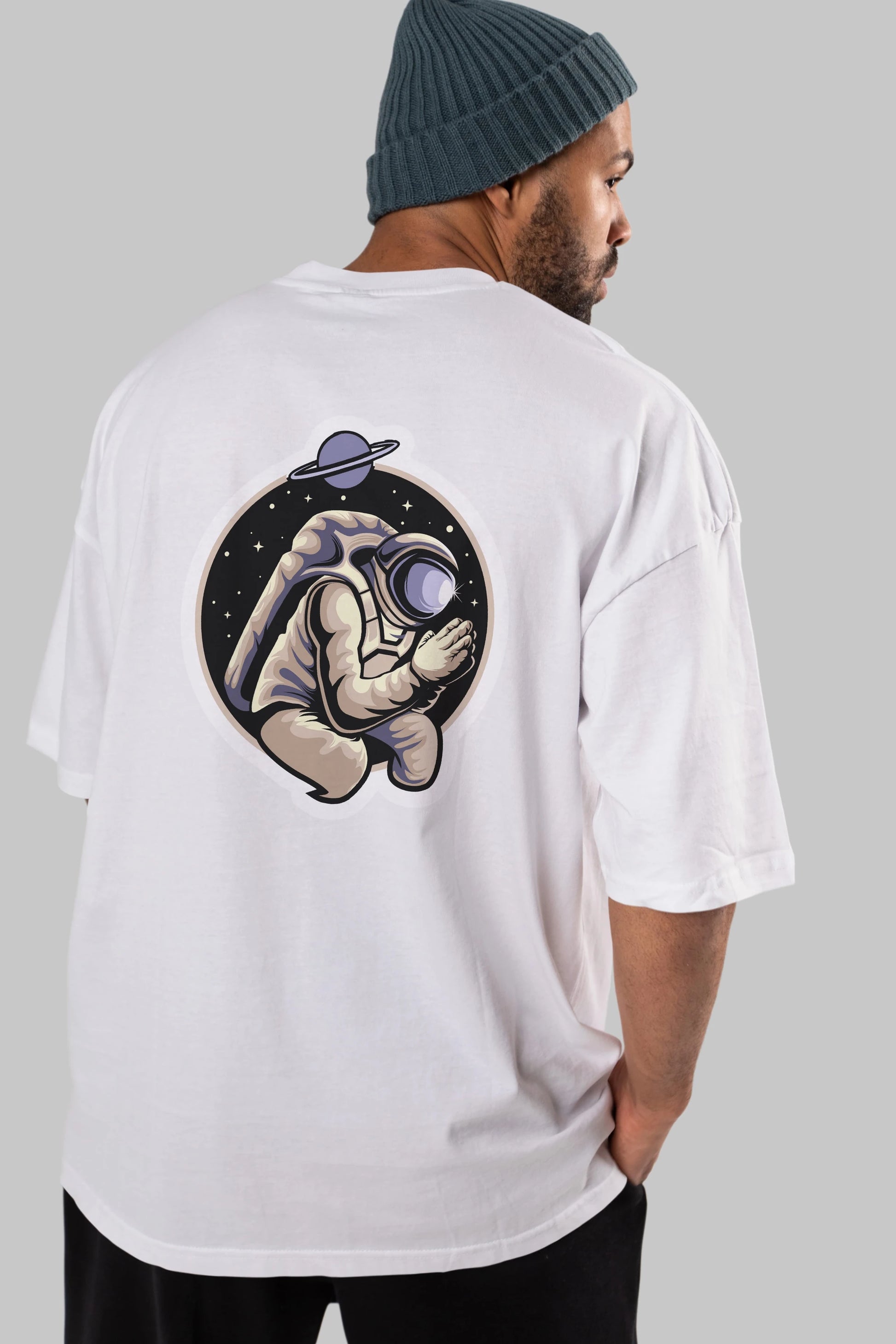 Astronaut Praying Sticker Arka Baskılı Oversize t-shirt Erkek Kadın Unisex