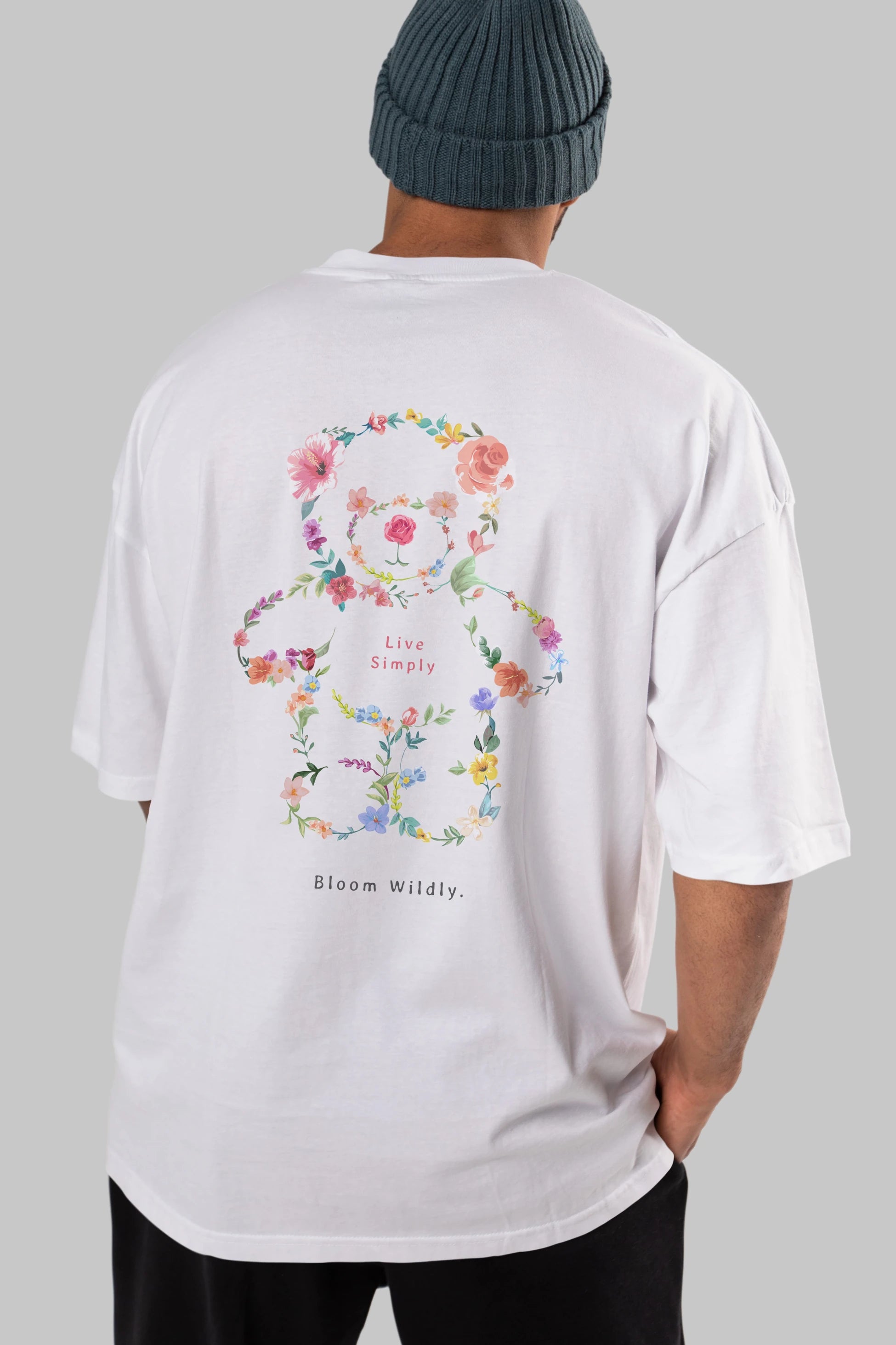 Teddy Bear Flowers Arka Baskılı Oversize t-shirt Erkek Kadın Unisex