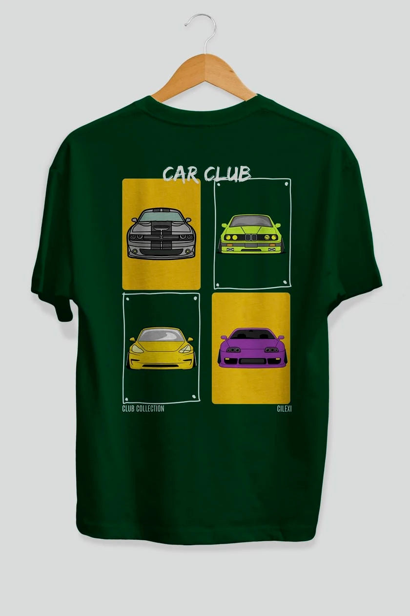 Car Club Arka Baskılı Oversize t-shirt Erkek Kadın %100 Pamuk Bisiklet Yaka tişort