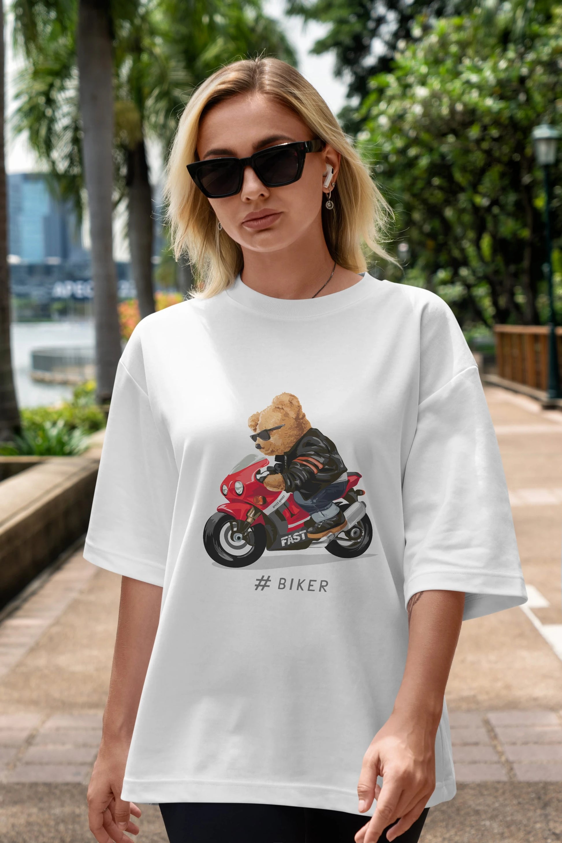 Teddy Bear Biker Ön Baskılı Oversize t-shirt Erkek Kadın Unisex %100 Pamuk