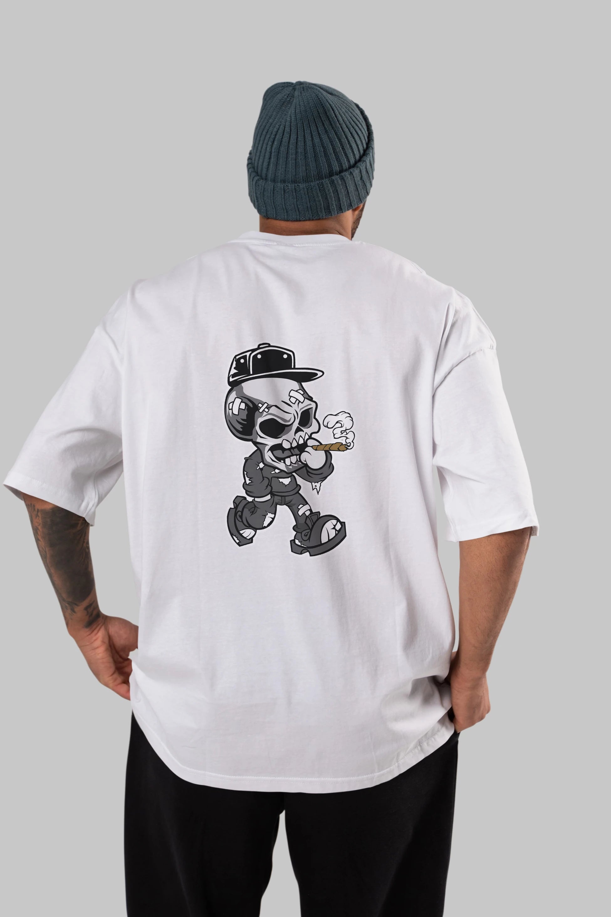 Skull Smoker Arka Baskılı Oversize t-shirt Erkek Kadın Unisex %100 Pamuk tişort