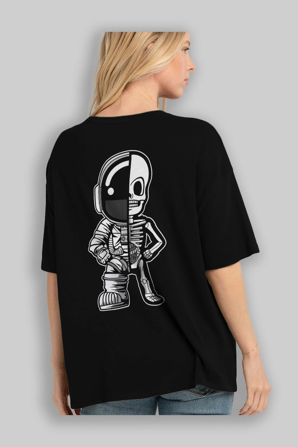 Astronaut Half Skeleton Arka Baskılı Oversize t-shirt Erkek Kadın Unisex