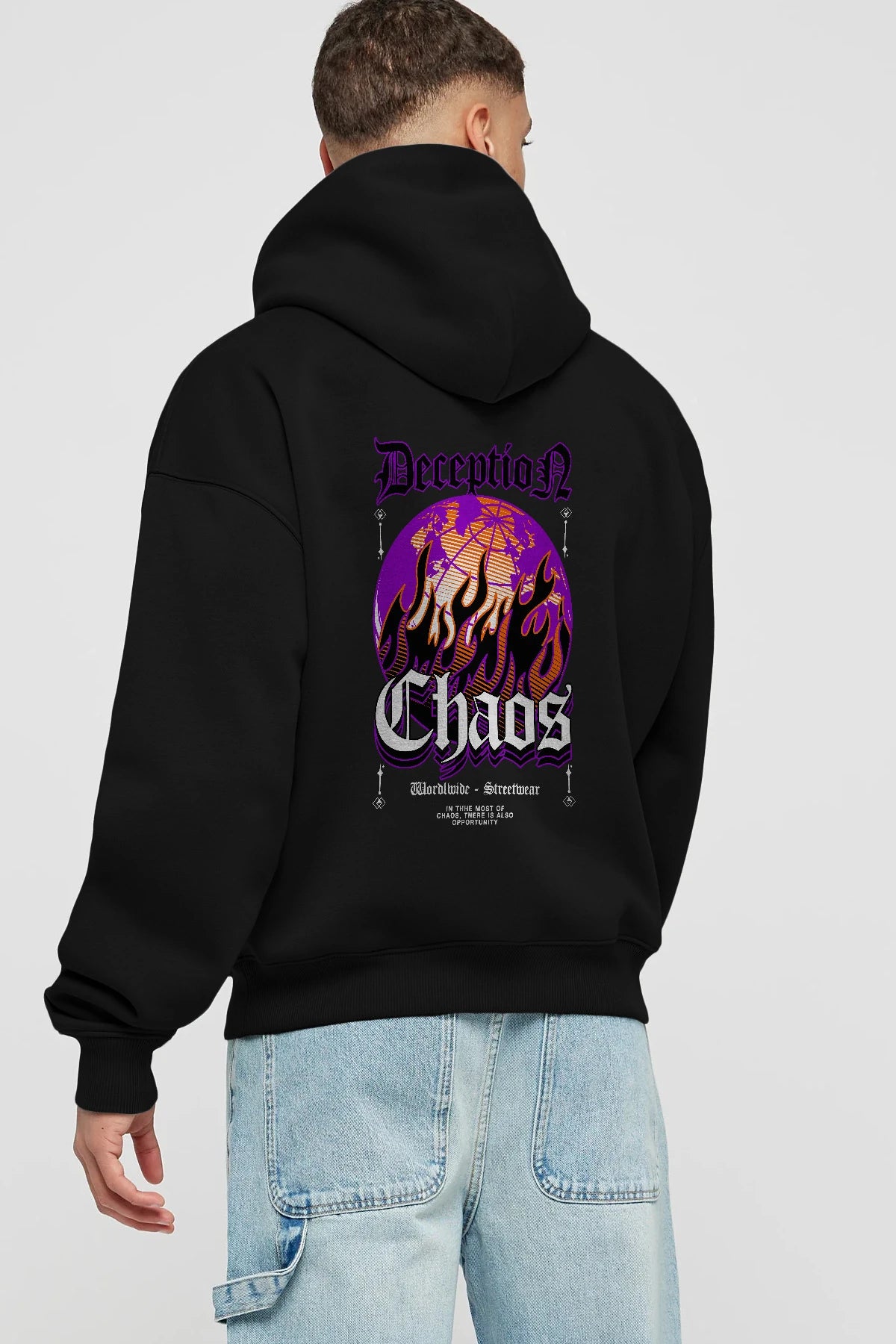Deception Chaos Arka Baskılı Hoodie Oversize Kapüşonlu Sweatshirt Erkek Kadın Unisex