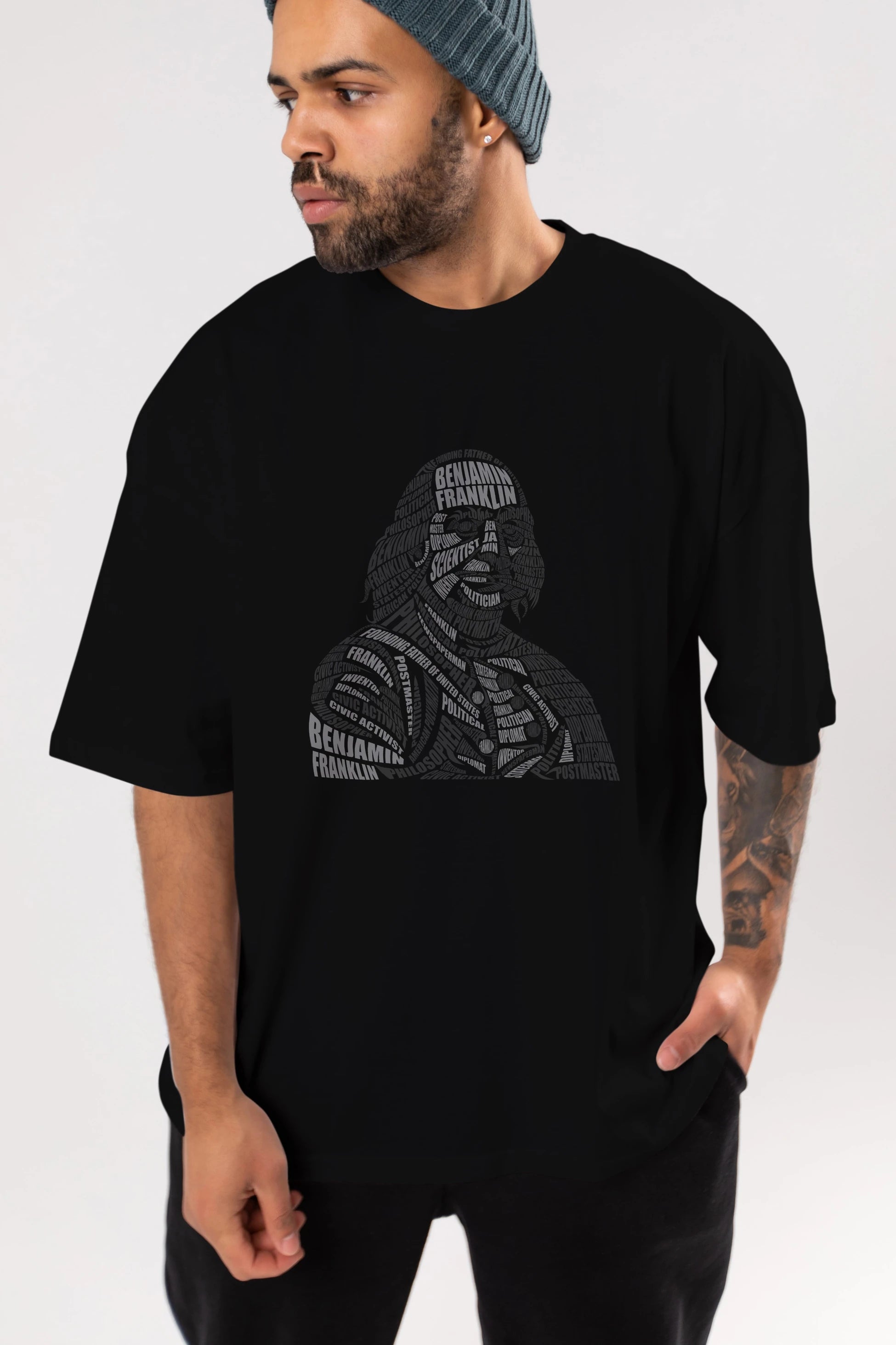 Benjamin Franklin Calligram Ön Baskılı Oversize t-shirt %100 pamuk Erkek Kadın Unisex