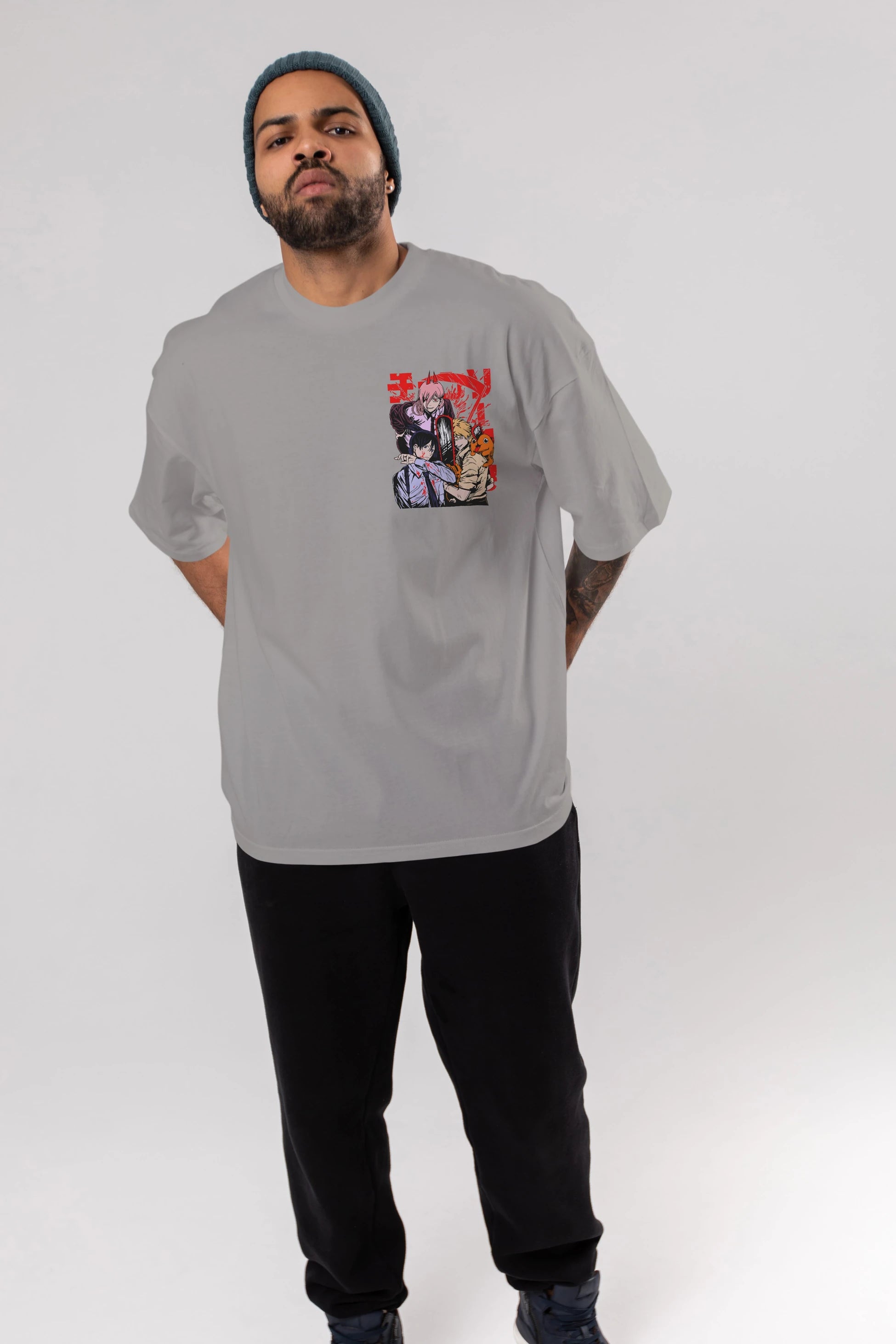 CHAINSAWMAN CREW Ön Sol Baskılı Oversize t-shirt Erkek Kadın Unisex %100 Pamuk Bisiklet Yaka tişort