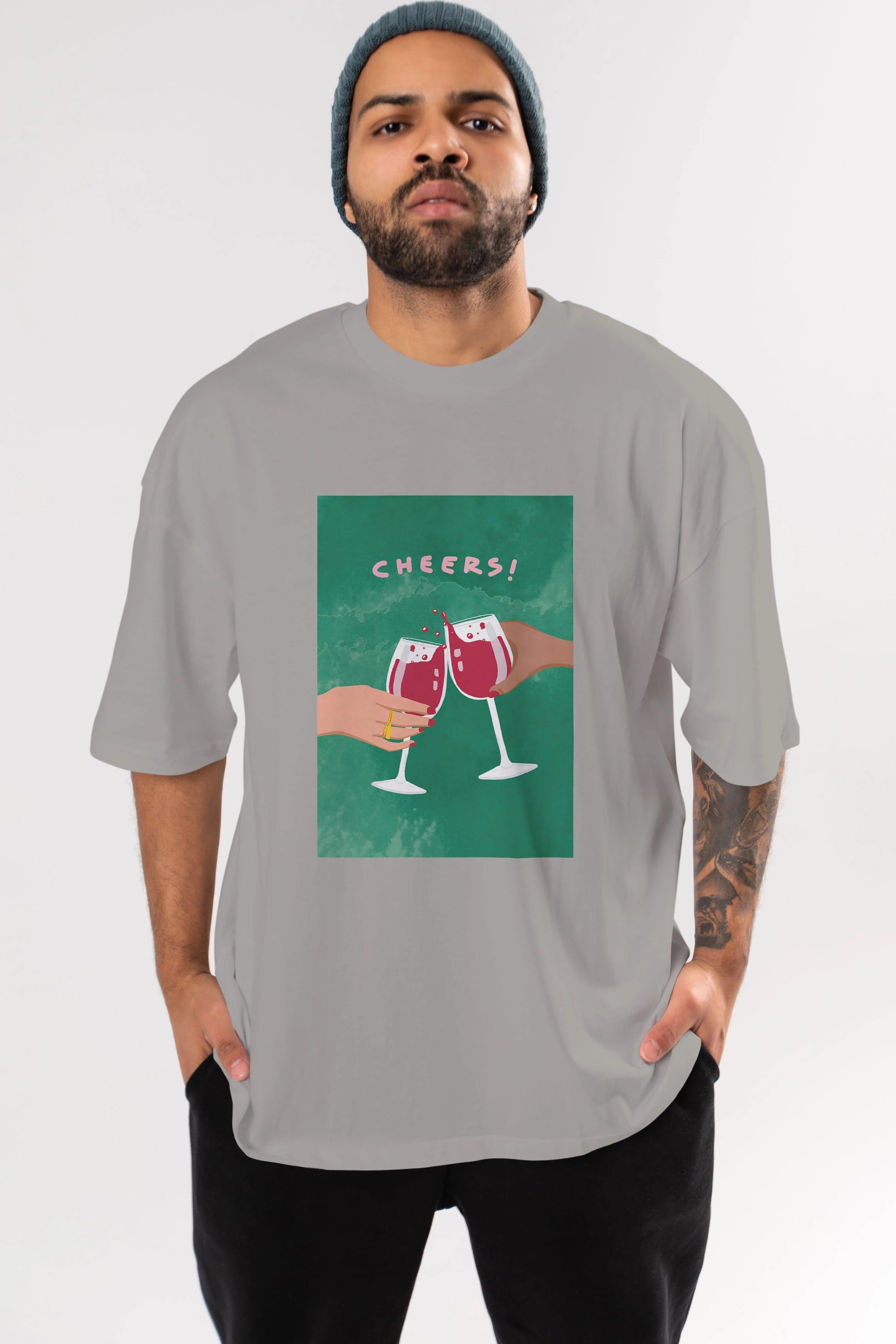 Cheers Ön Baskılı Oversize t-shirt Erkek Kadın Unisex %100 Pamuk Bisiklet Yaka tişort