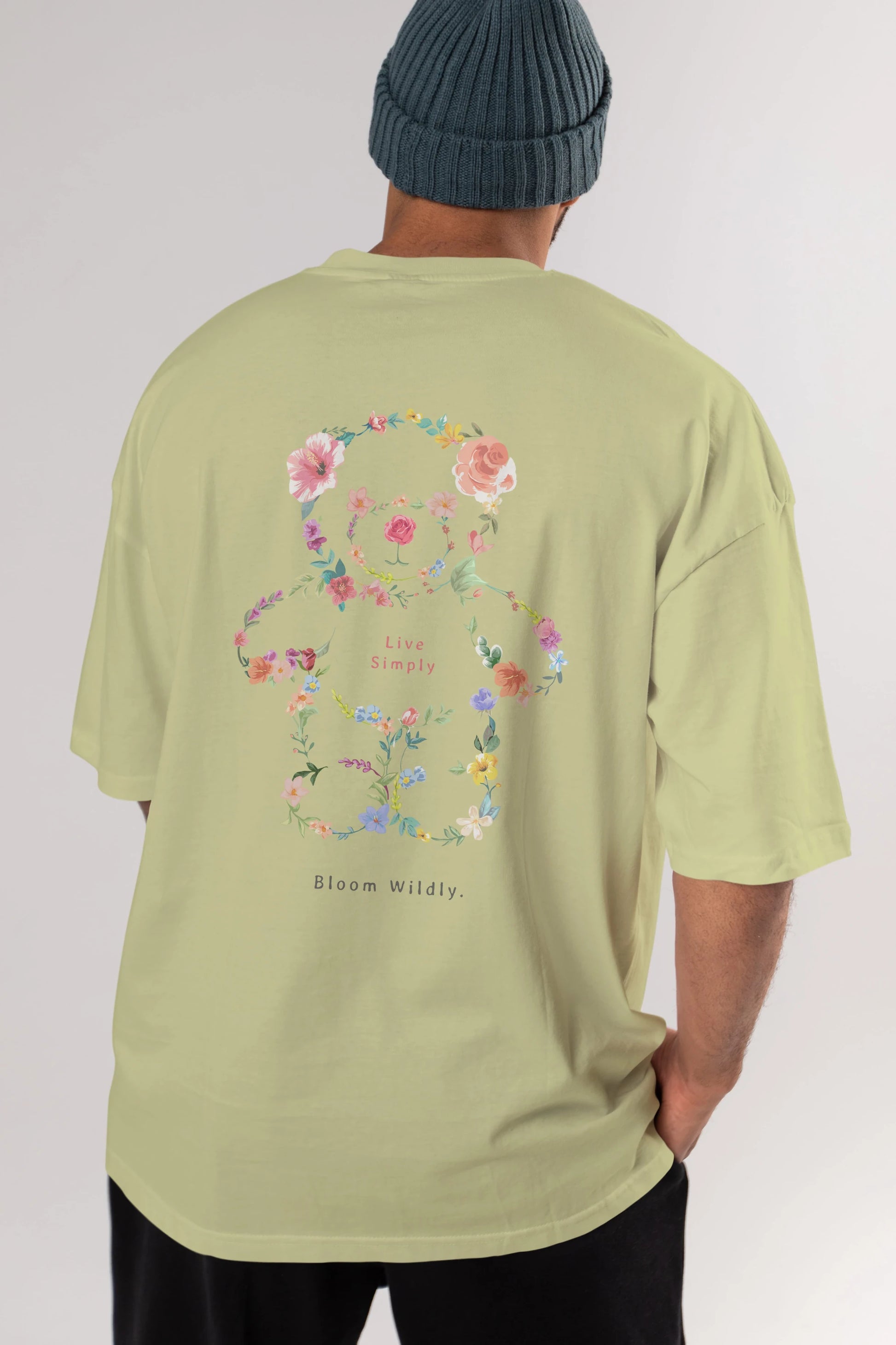 Teddy Bear Flowers Arka Baskılı Oversize t-shirt Erkek Kadın Unisex