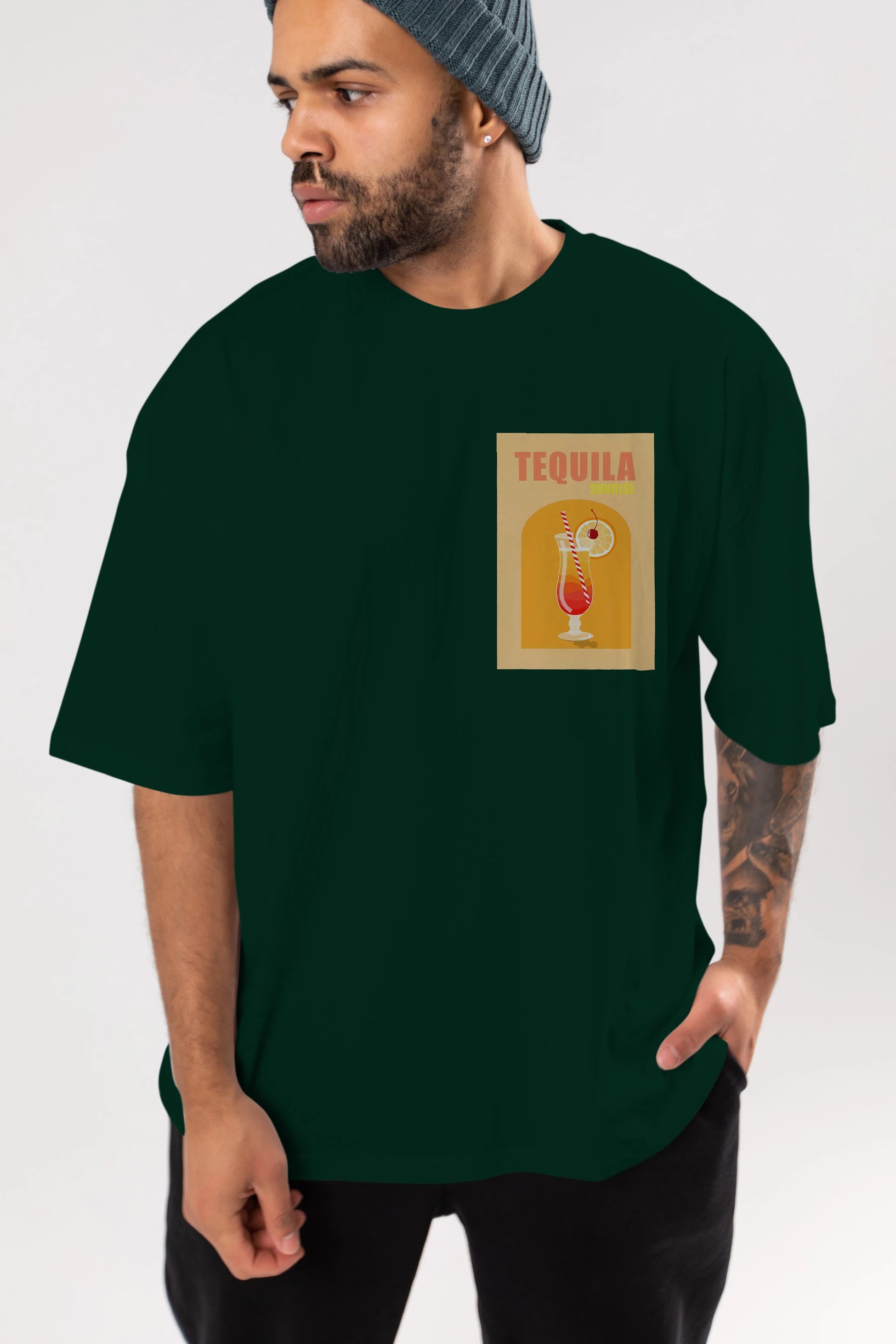 Tequila Sunrise Ön Sol Baskılı Oversize t-shirt Erkek Kadın Unisex %100 Pamuk Bisiklet Yaka tişort
