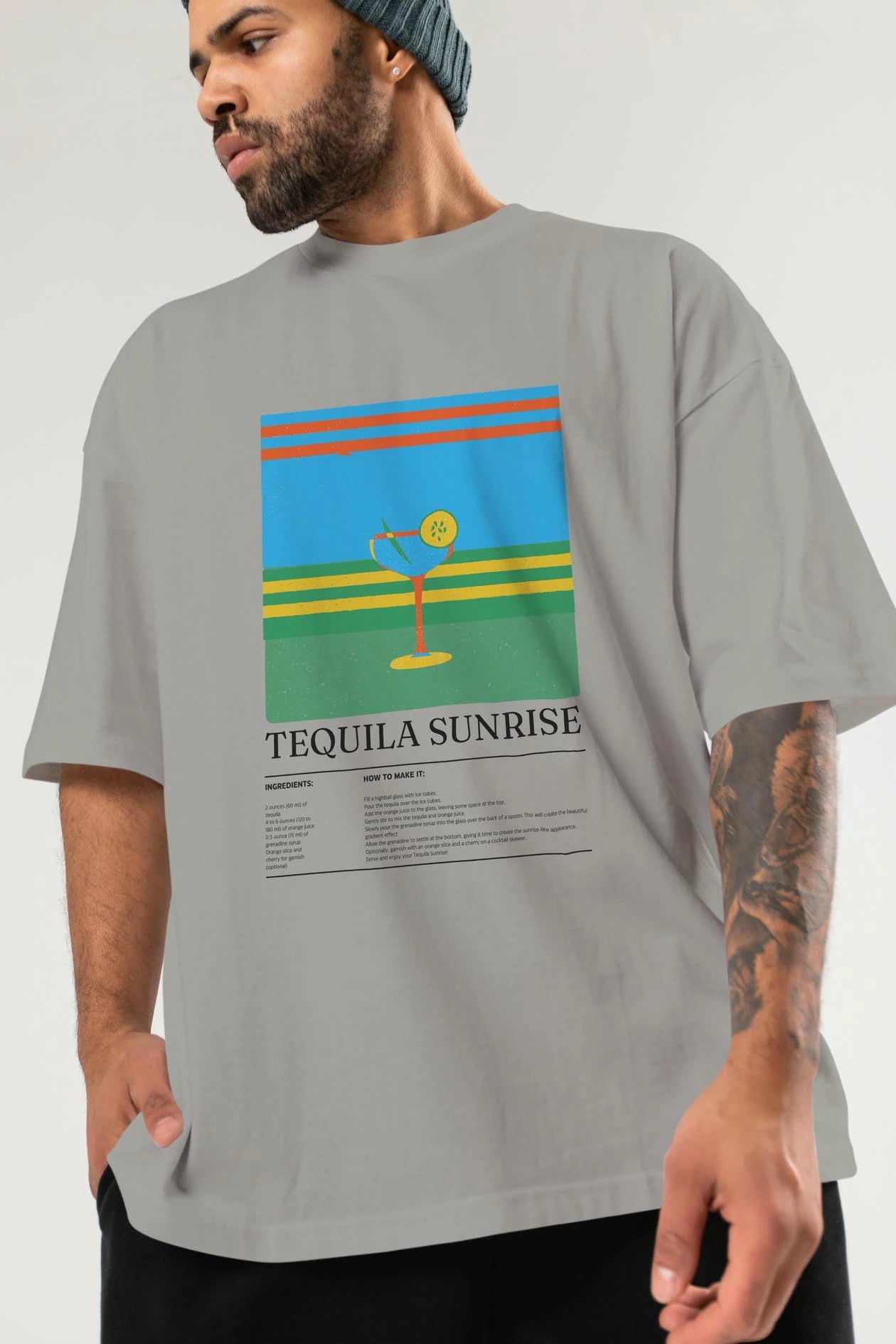 Tequila Sunrise Kokteyl Ön Baskılı Oversize t-shirt Erkek Kadın %100 Pamuk Bisiklet Yaka tişort