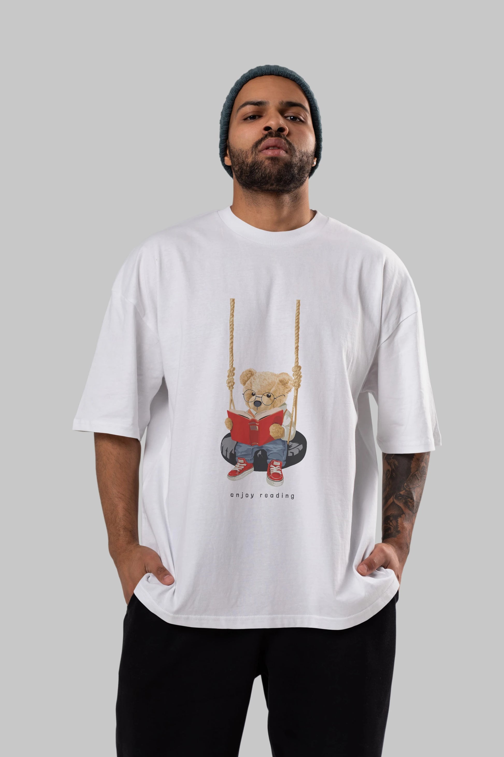 Teddy Bear Enjoy Reading Ön Baskılı Oversize t-shirt Erkek Kadın Unisex %100 Pamuk