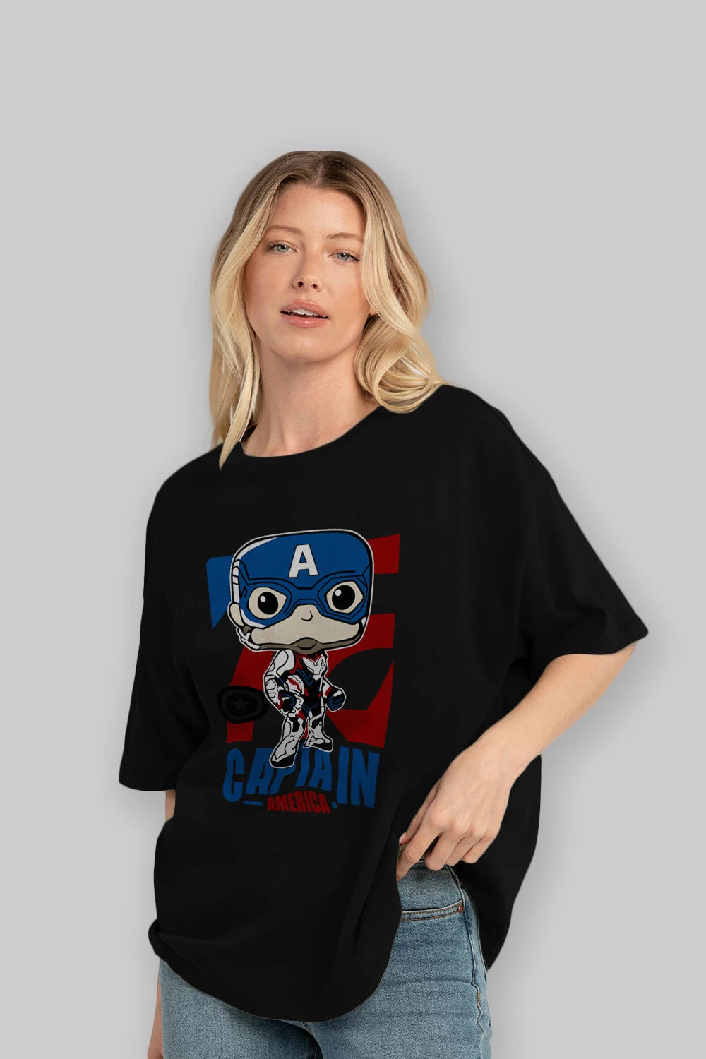 Captain America Ön Baskılı Oversize t-shirt Erkek Kadın Unisex %100 Pamuk Bisiklet Yaka tişort