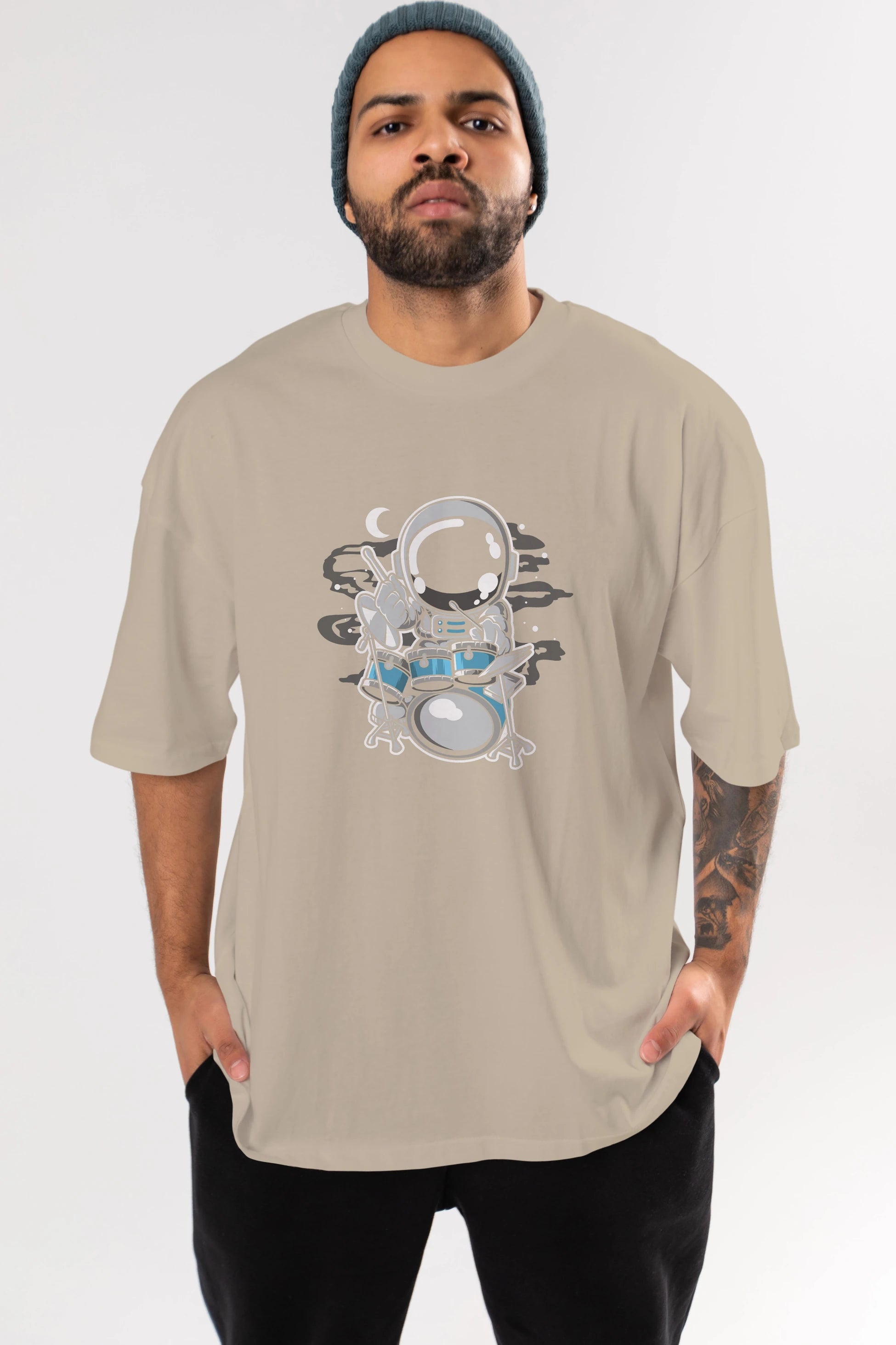 Astronaut Drummer Ön Baskılı Oversize t-shirt Erkek Kadın Unisex