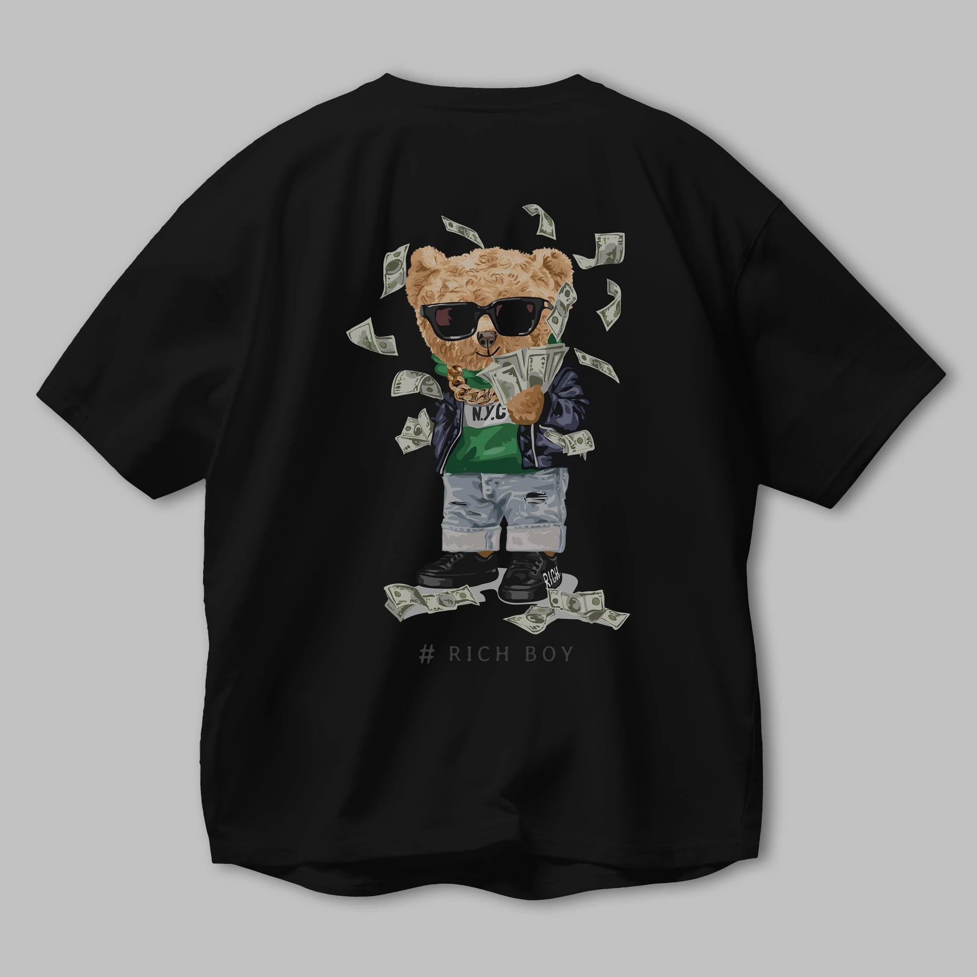 Teddy Bear Rich Boy Arka Baskılı Oversize t-shirt Erkek Kadın Unisex %100 Pamuk