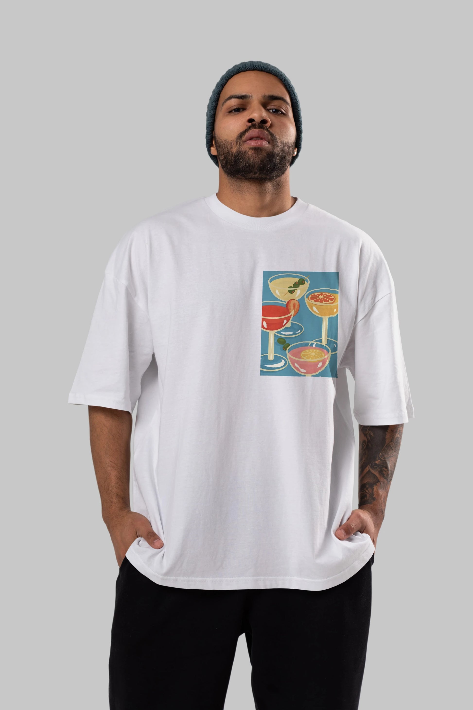 Cocktails Ön Sol Baskılı Oversize t-shirt Erkek Kadın Unisex %100 Pamuk Bisiklet Yaka tişort