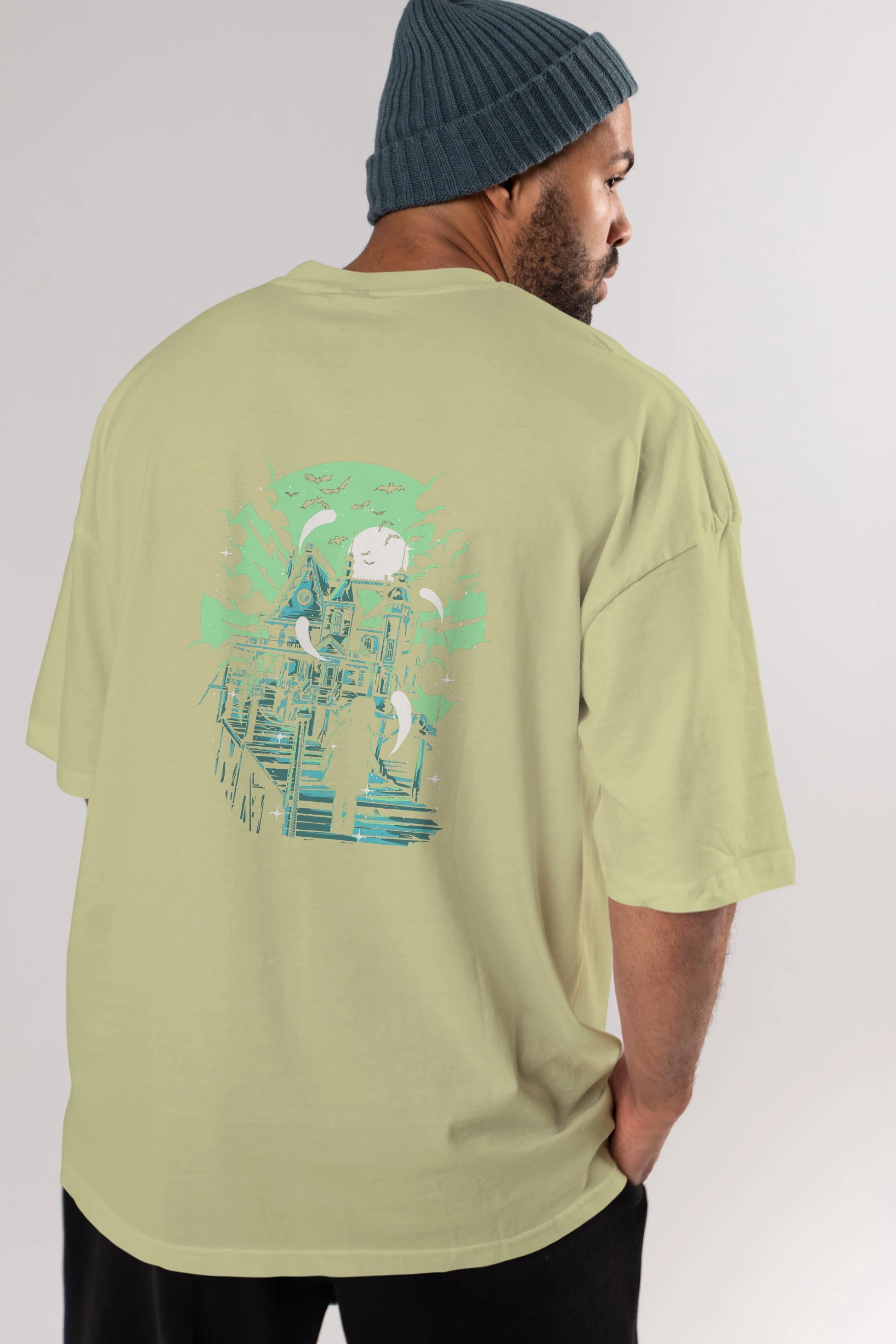 Haunted House Arka Baskılı Oversize t-shirt Erkek Kadın Unisex %100 Pamuk