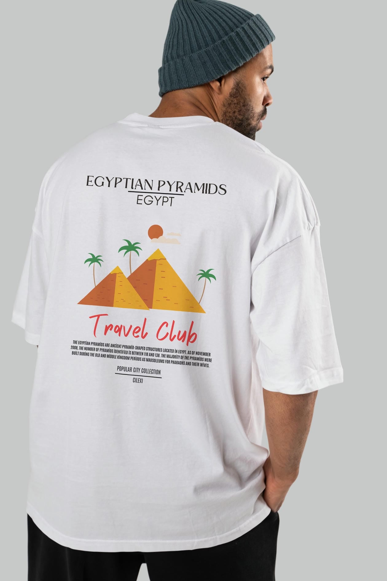 Egyptian Pyramids Egypt Arka Baskılı Oversize t-shirt Erkek Kadın Pamuk Bisiklet Yaka tişort