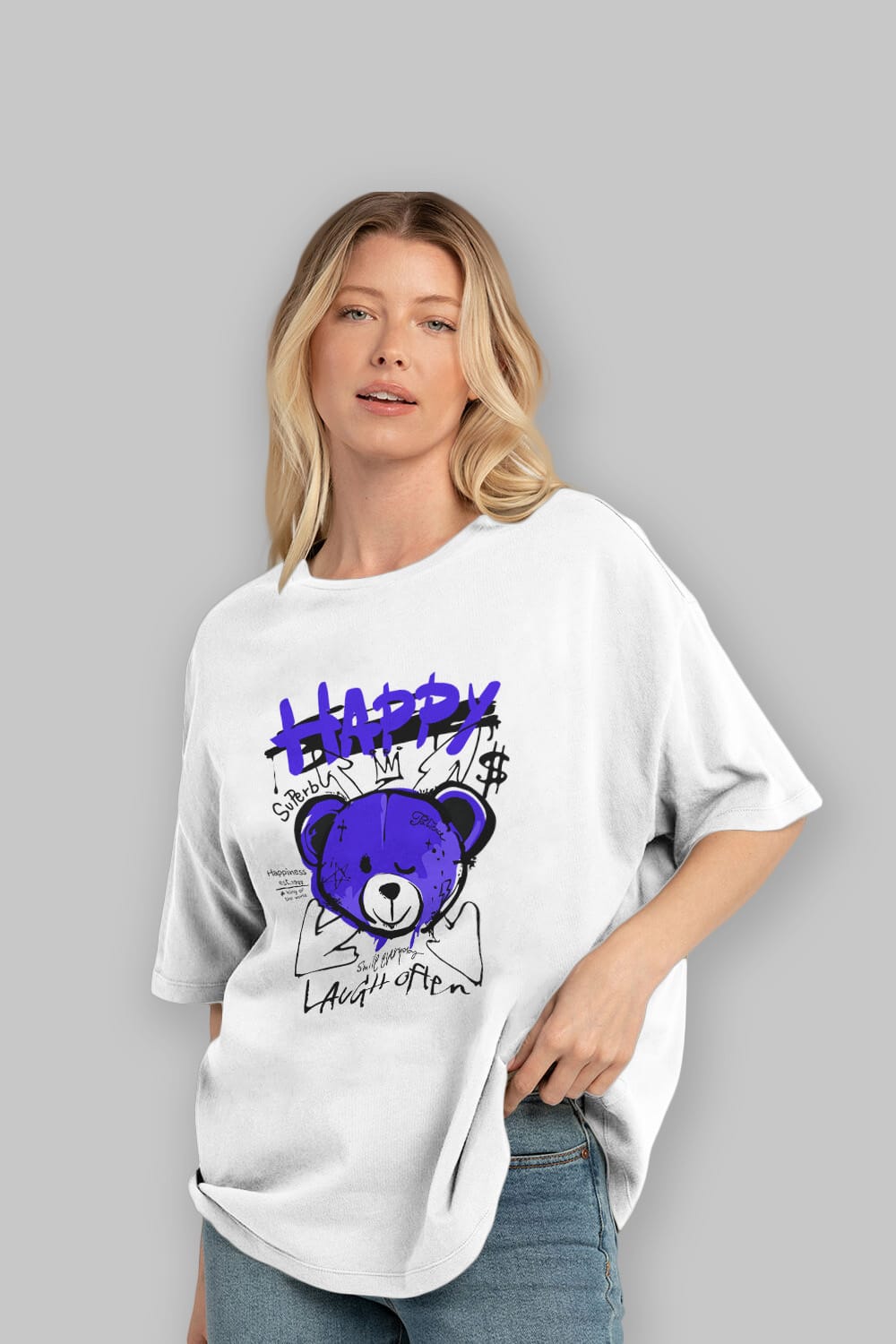 Happy Bear Ön Baskılı Oversize t-shirt Erkek Kadın Unisex