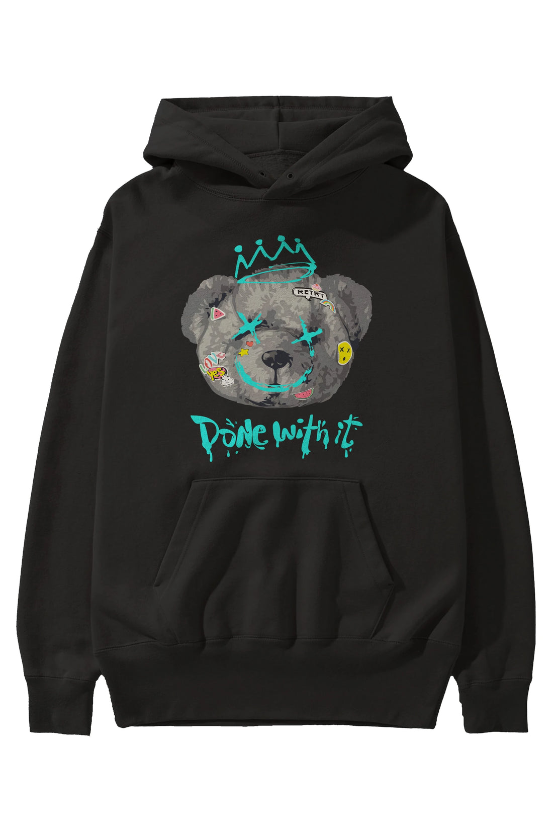Done With it Bear Ön Baskılı Hoodie Oversize Kapüşonlu Sweatshirt Erkek Kadın Unisex