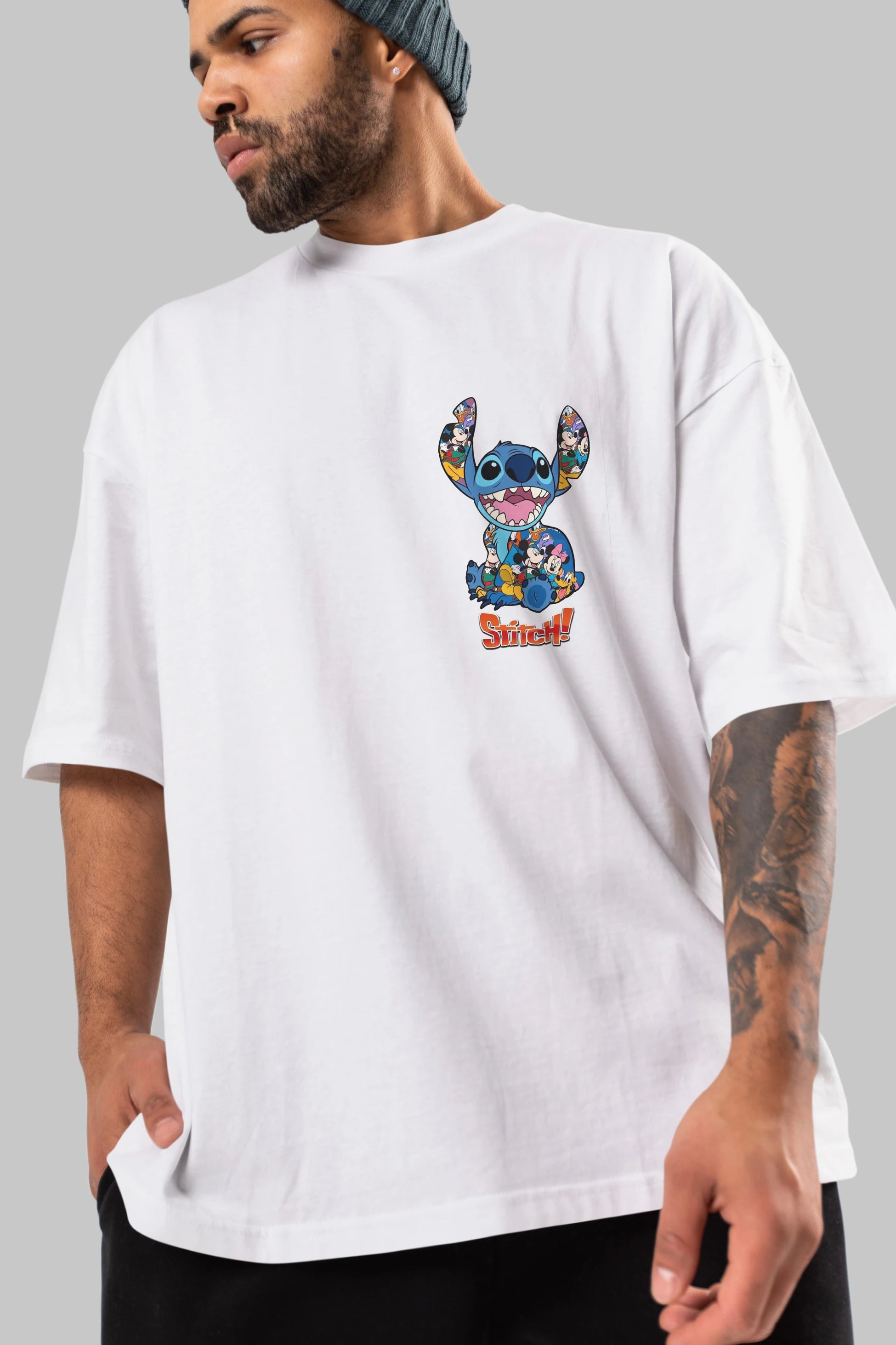 Stitch Ön Sol Baskılı Oversize t-shirt Erkek Kadın Unisex %100 Pamuk Bisiklet Yaka tişort