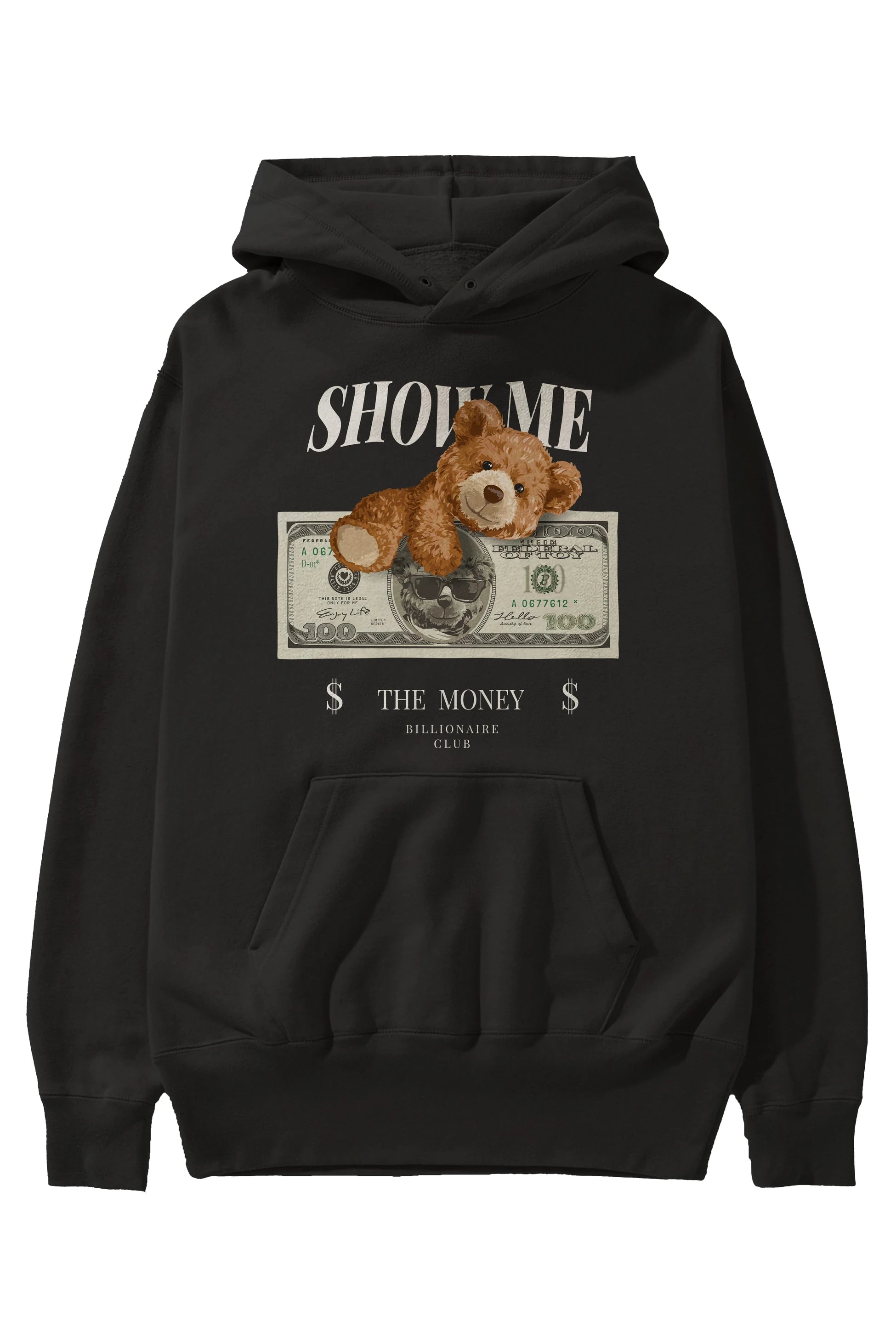 Teddy Bear The Money Ön Baskılı Hoodie Oversize Kapüşonlu Sweatshirt Erkek Kadın Unisex