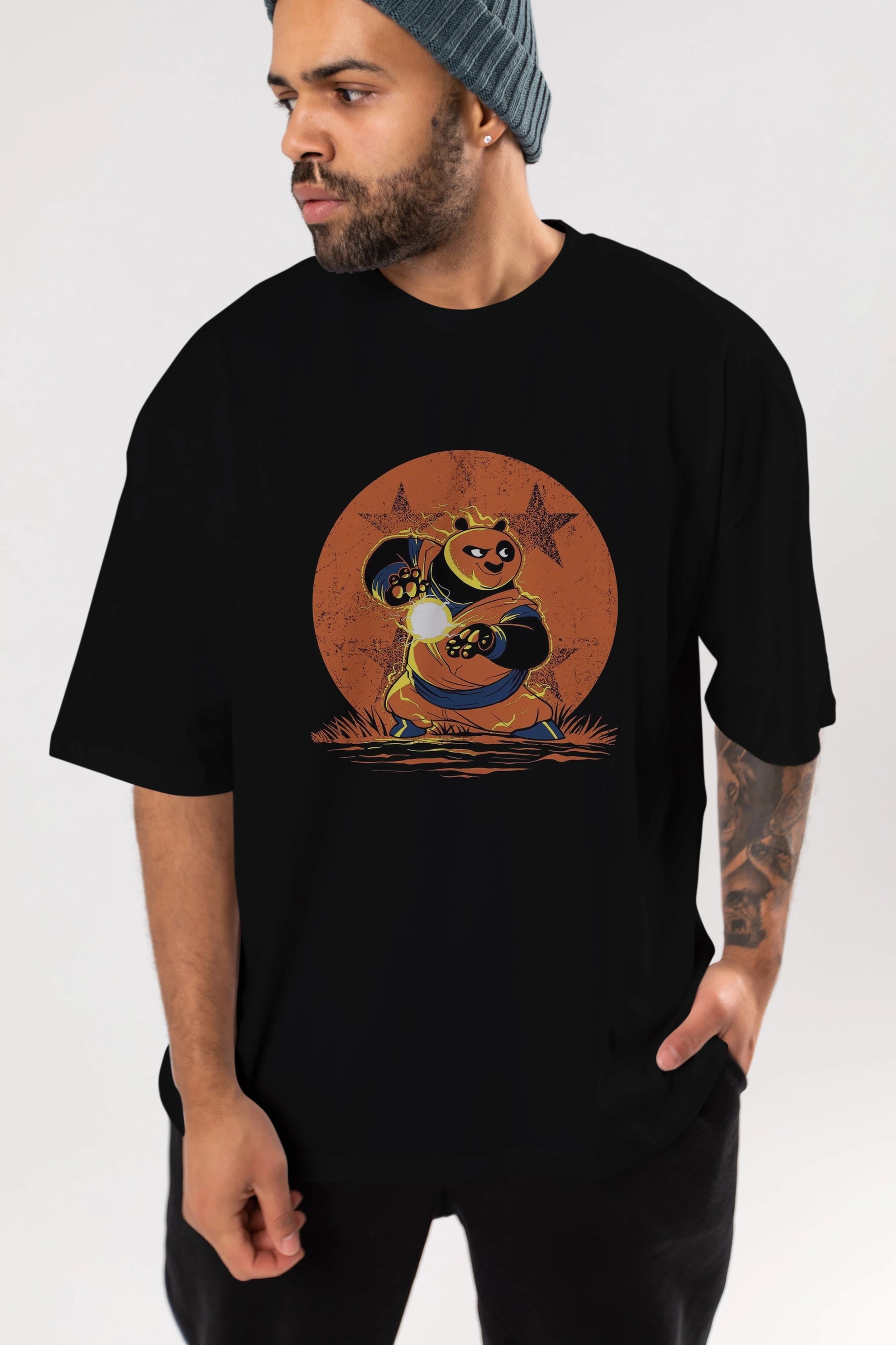 Kung Fu Panda Ön Baskılı Oversize t-shirt Erkek Kadın Unisex %100 Pamuk Bisiklet Yaka tişort