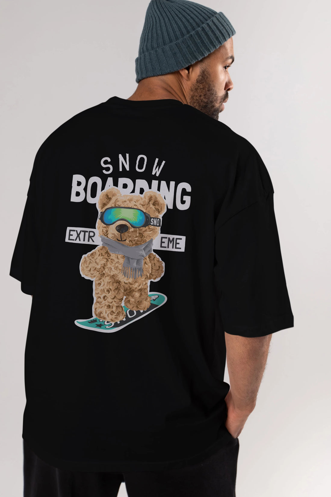 Teddy Bear Snow Boarding Arka Baskılı Oversize t-shirt Erkek Kadın Unisex %100 Pamuk