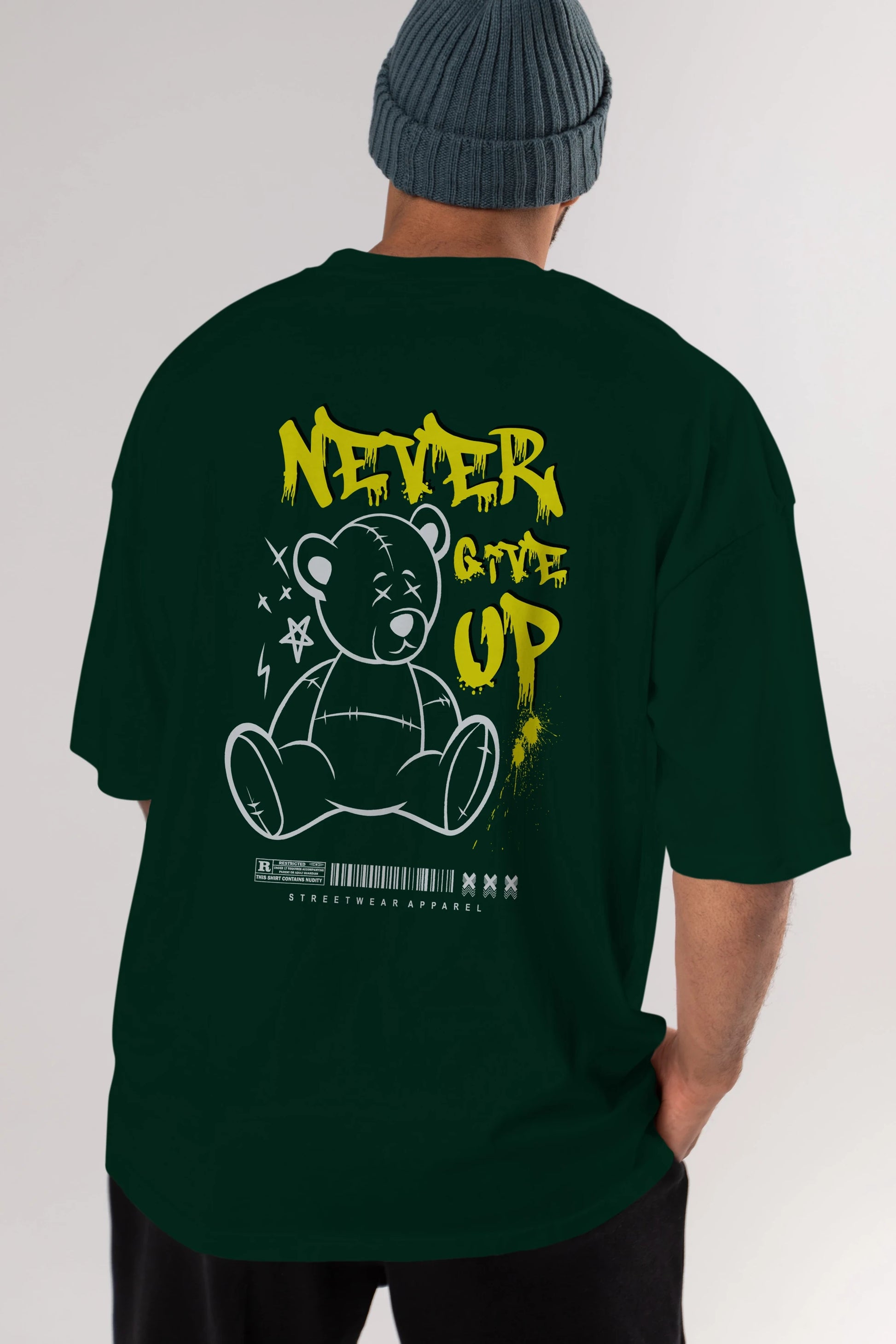 Teddy Bear Never Give Up Arka Baskılı Oversize t-shirt Erkek Kadın Unisex