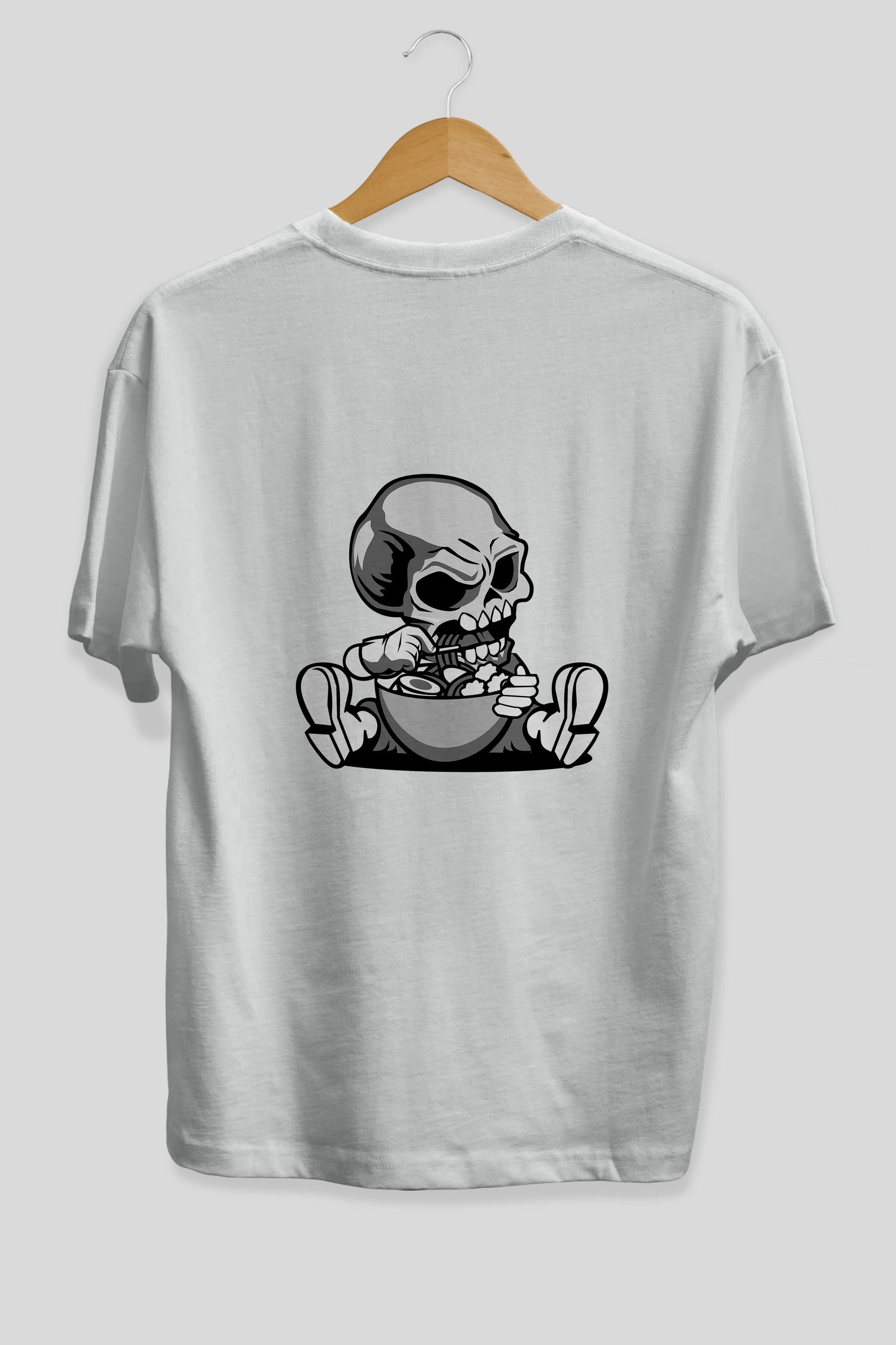 Skull Eat Ramen Arka Baskılı Oversize t-shirt Erkek Kadın Unisex %100 Pamuk tişort