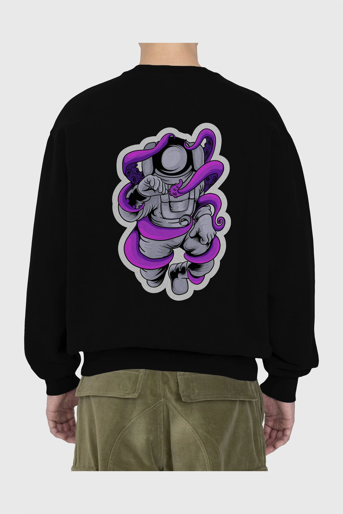 Astronaut fighting octopus sticker Arka Baskılı Oversize Sweatshirt Erkek Kadın Unisex