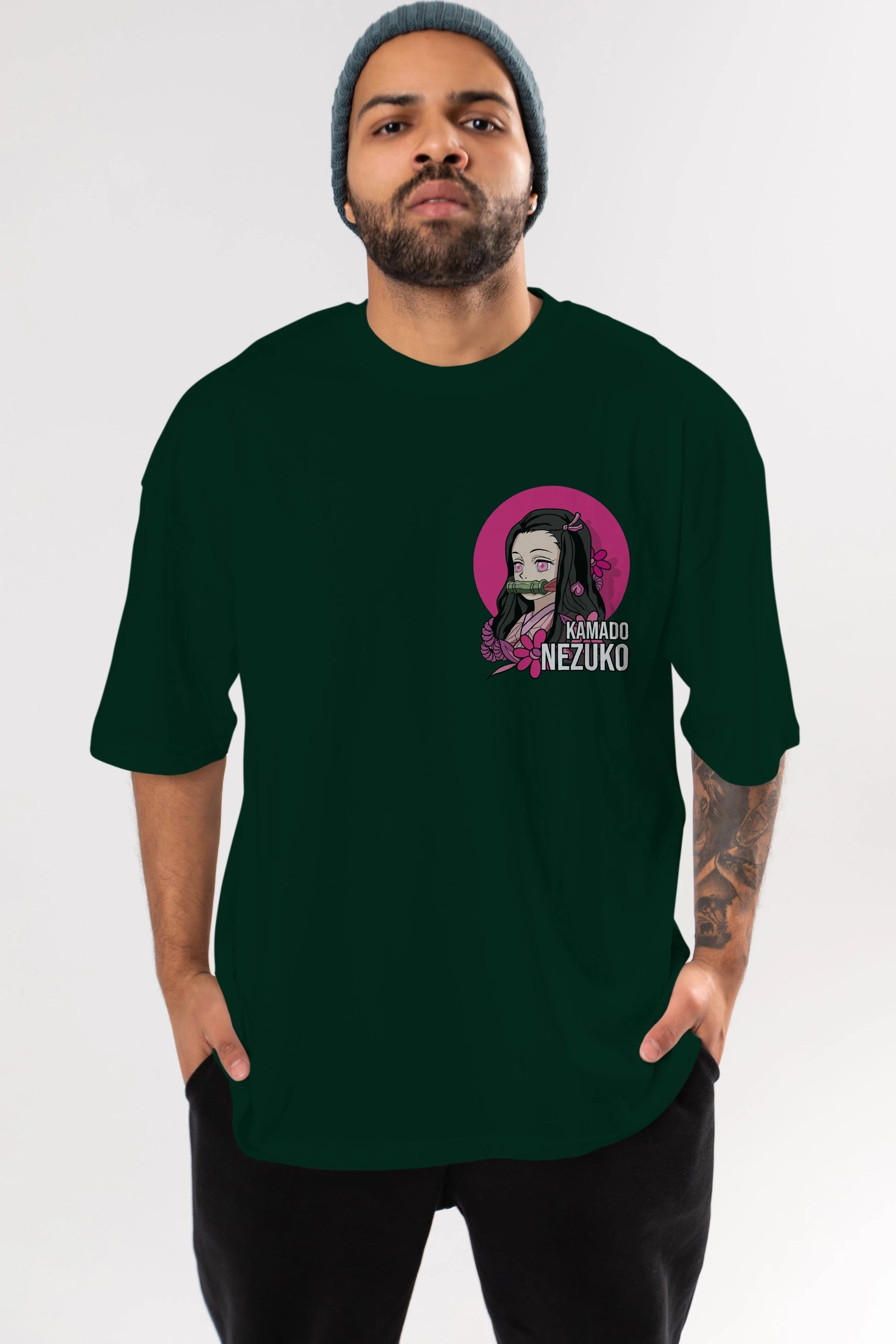 Nezuko Kamado 2 Ön Sol Baskılı Oversize t-shirt Erkek Kadın Unisex %100 Pamuk Bisiklet Yaka tişort