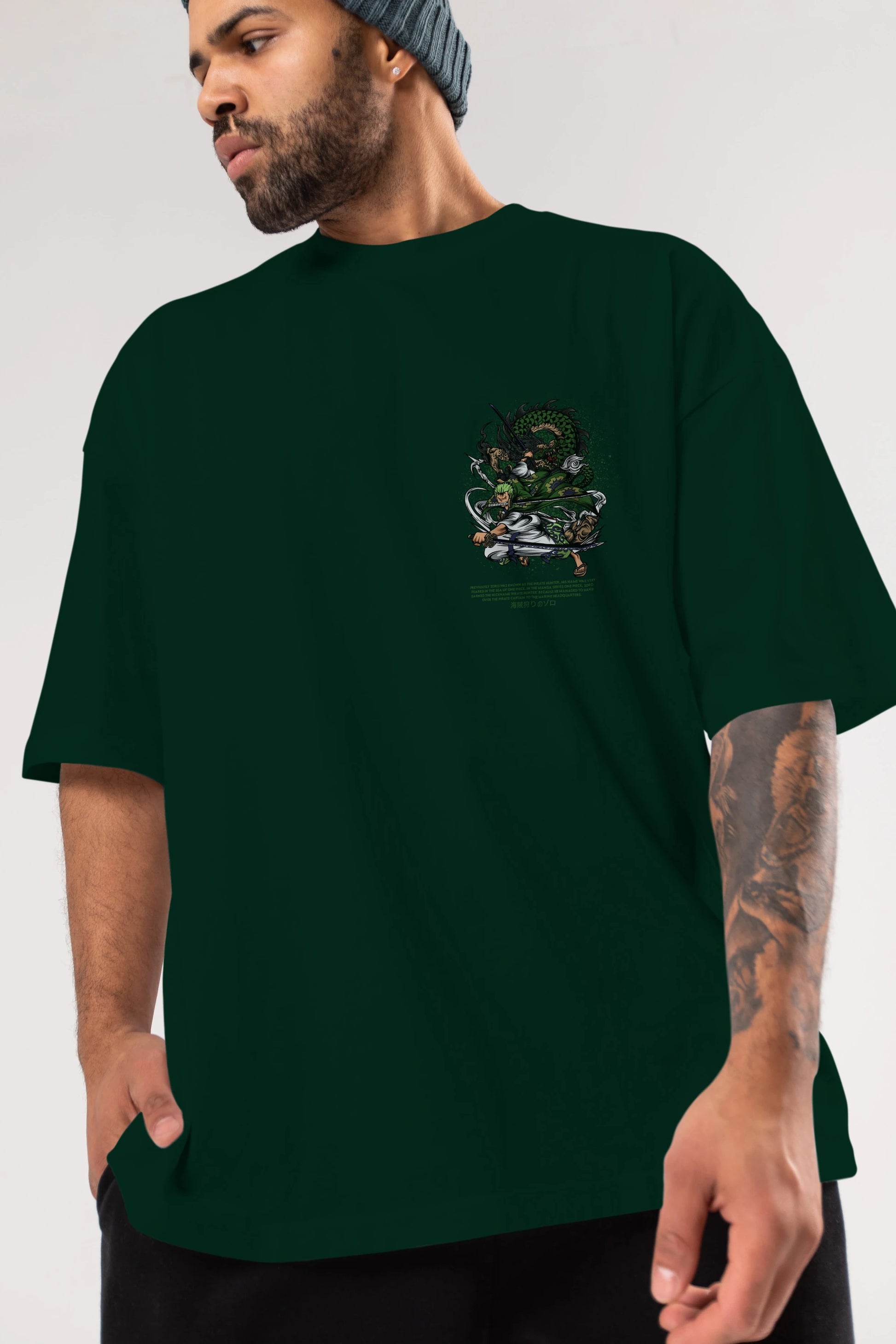 Zoro Ön Sol Baskılı Oversize t-shirt Erkek Kadın Unisex %100 Pamuk Bisiklet Yaka tişort