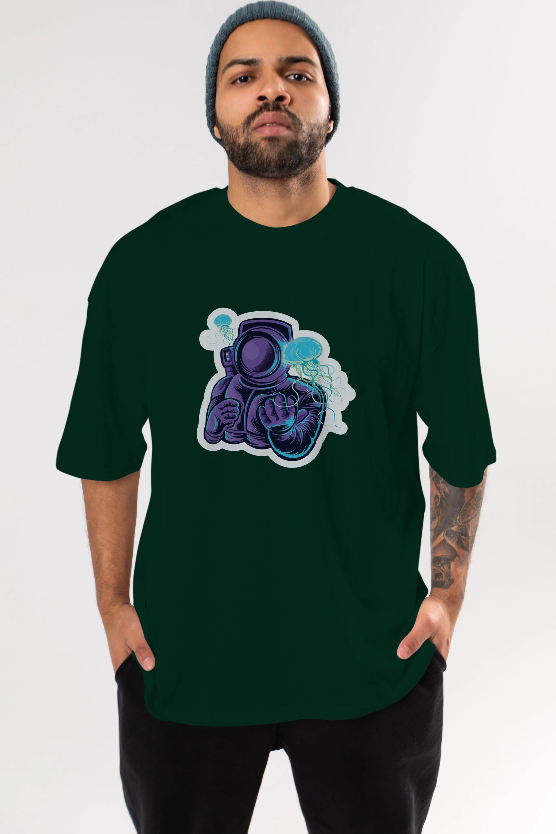 Astronaut and Jellyfish Sticker Ön Baskılı Oversize t-shirt Erkek Kadın Unisex