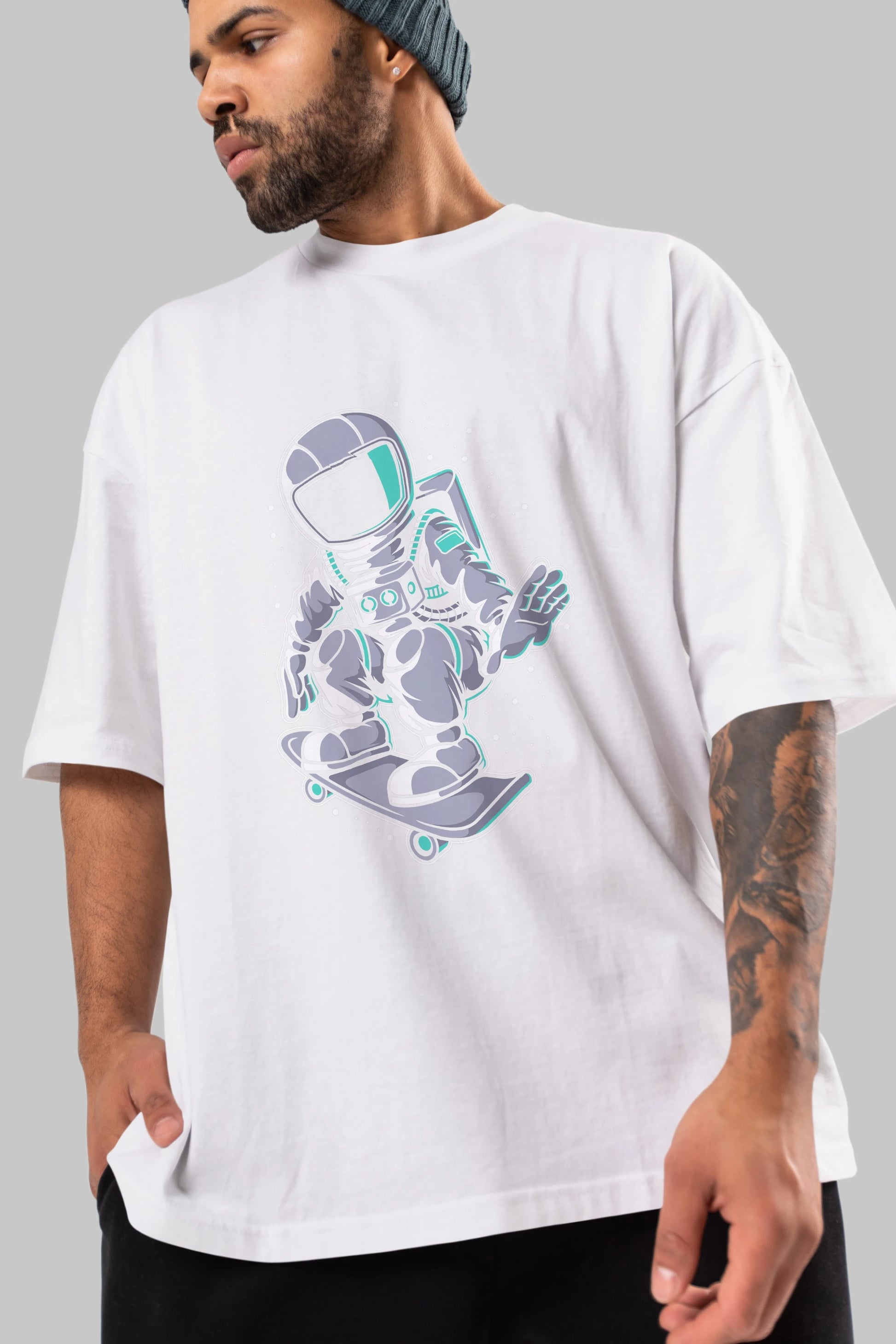 Astronaut Skater Ön Baskılı Oversize t-shirt Erkek Kadın Unisex