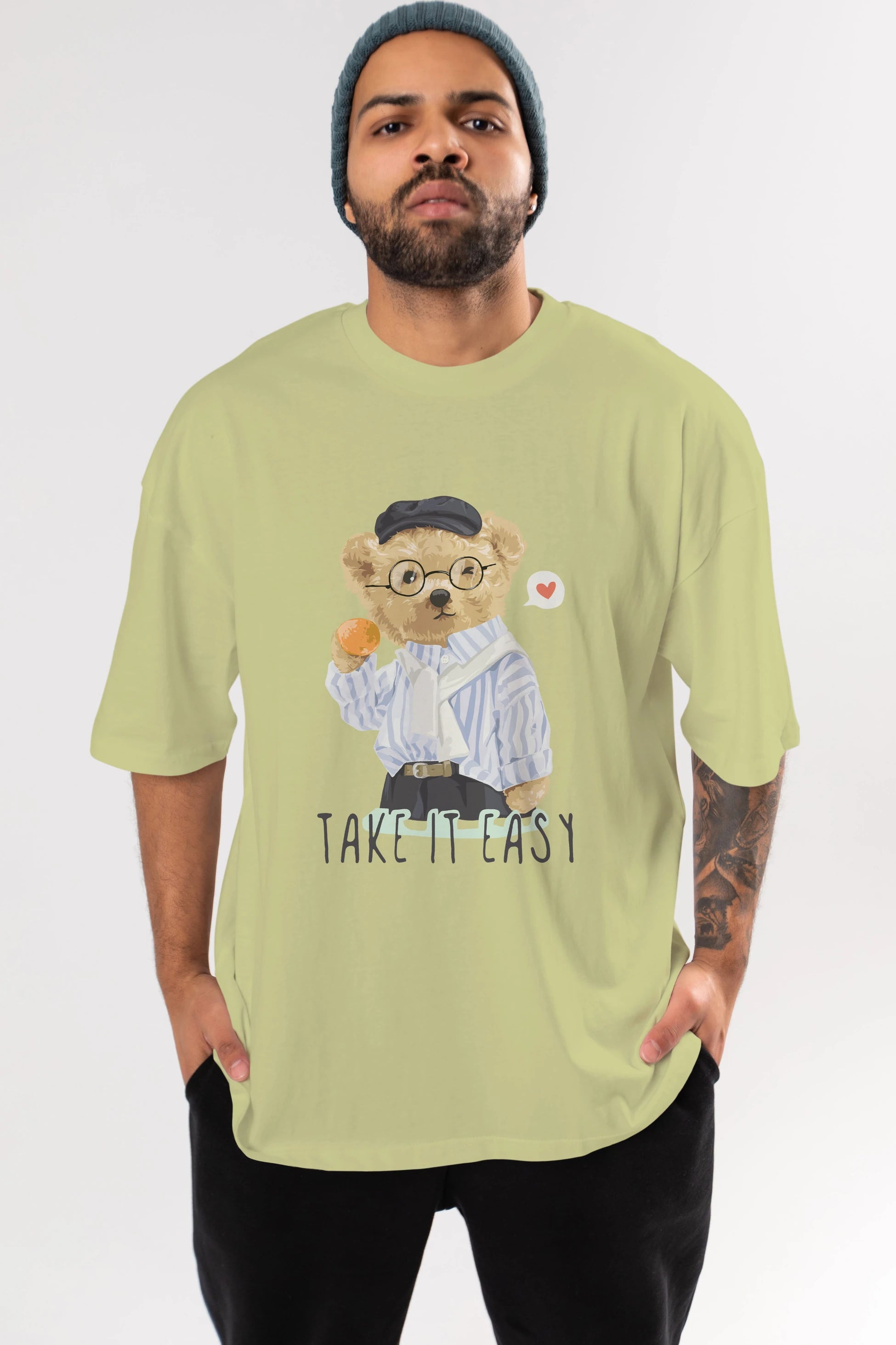 Teddy Bear Take it Easy Ön Baskılı Oversize t-shirt Erkek Kadın Unisex %100 Pamuk