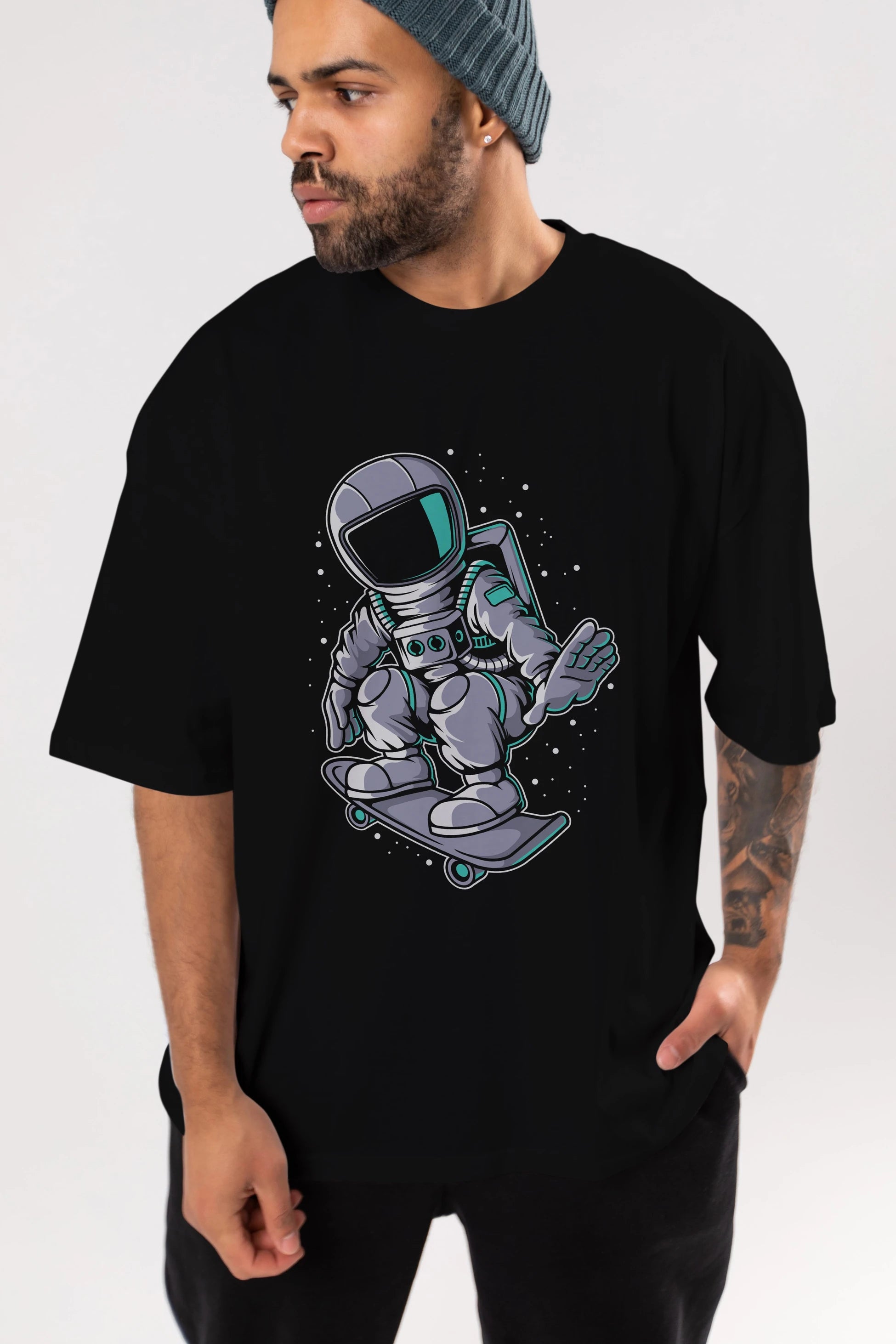 Astronaut Skater Ön Baskılı Oversize t-shirt Erkek Kadın Unisex