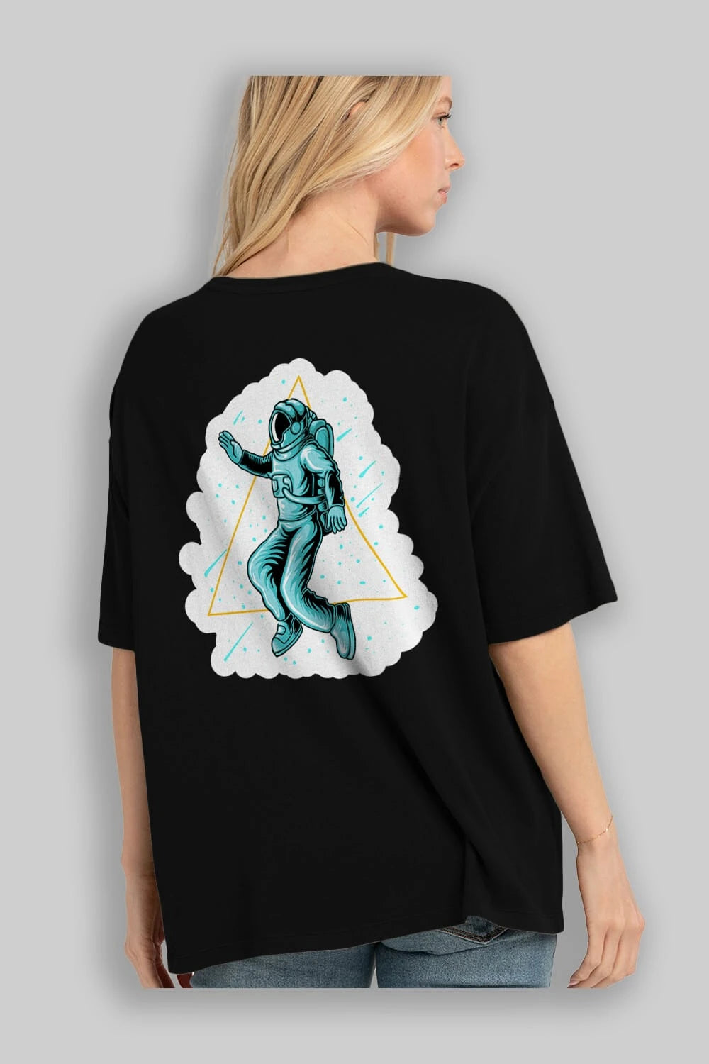 Astronaut Starry Triangle Sticker Arka Baskılı Oversize t-shirt Erkek Kadın Unisex