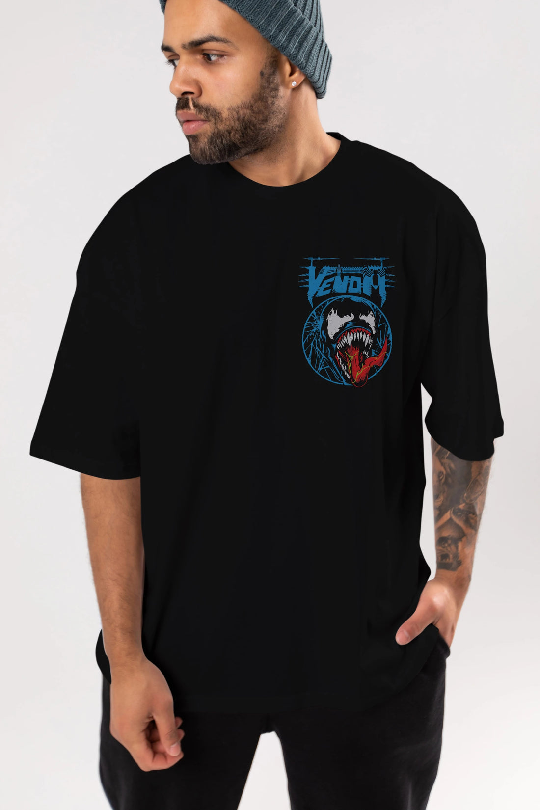 Venom (23) Ön Sol Baskılı Oversize t-shirt Erkek Kadın Unisex %100 Pamuk Bisiklet Yaka tişort