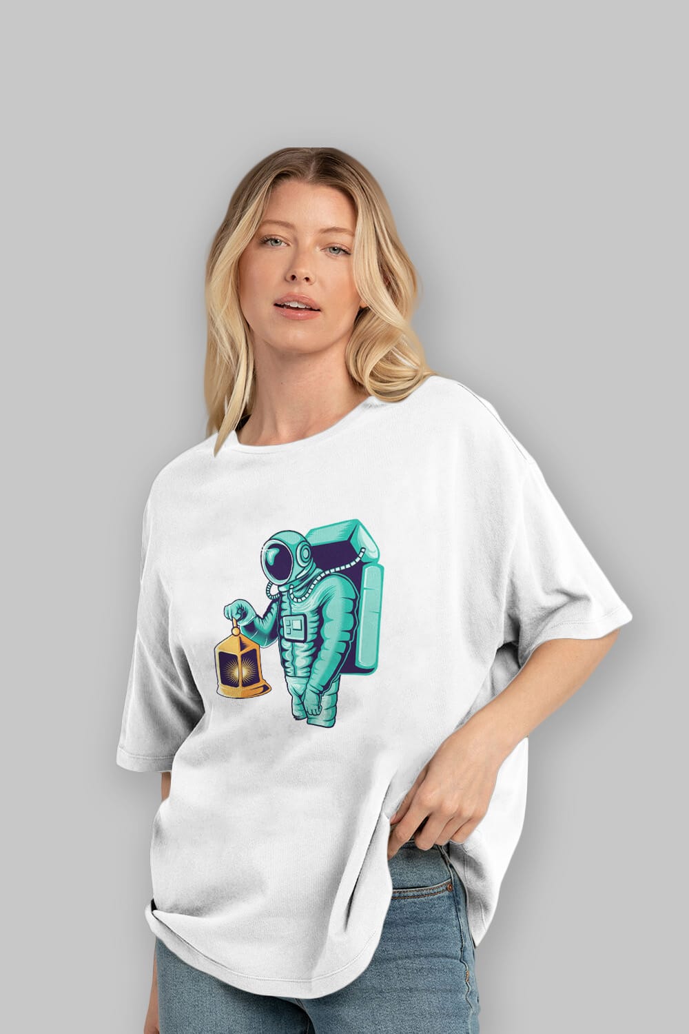 Astronaut Lantern Sticker Ön Baskılı Oversize t-shirt Erkek Kadın Unisex