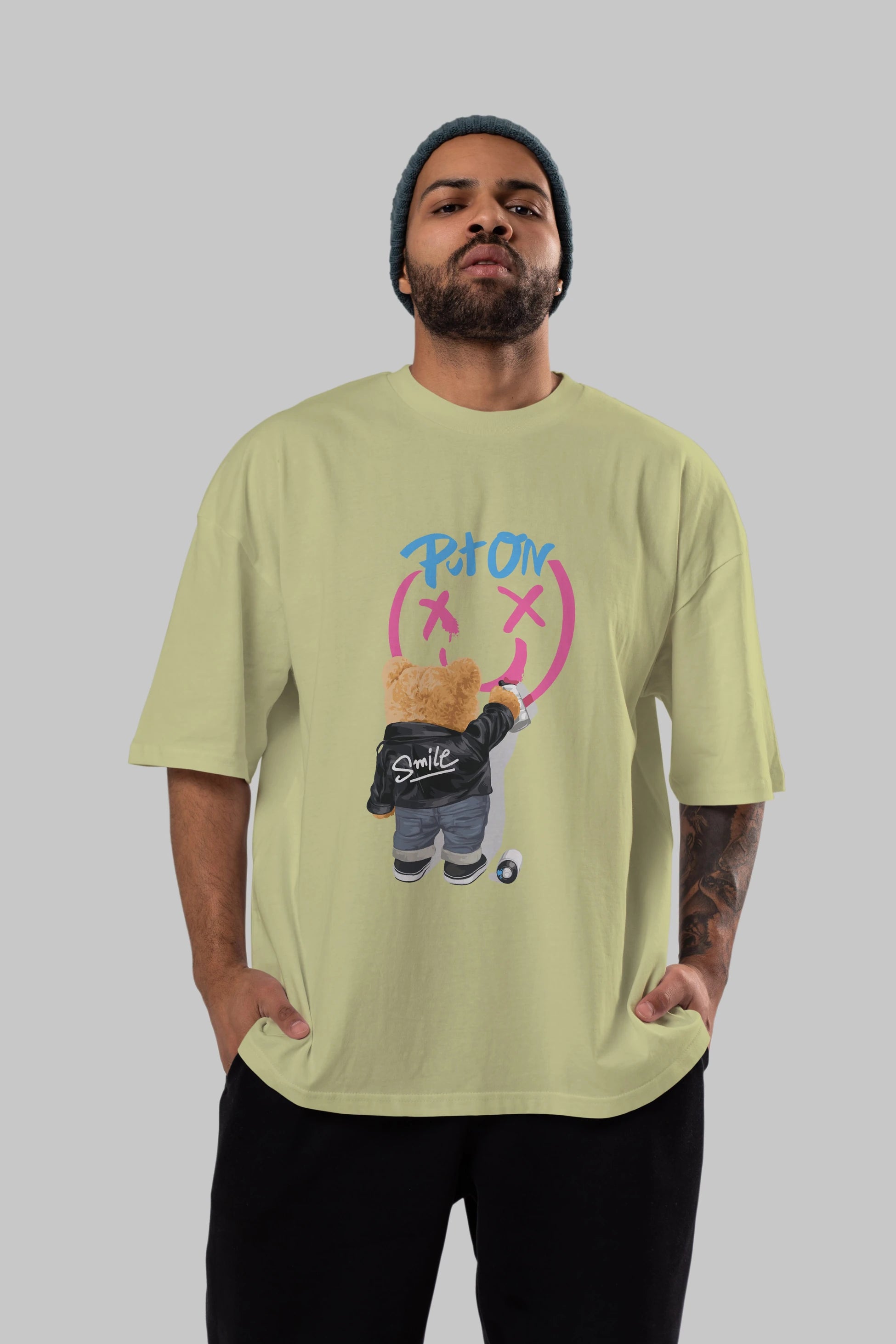 Put on Smile Bear Ön Baskılı Oversize t-shirt Erkek Kadın Unisex