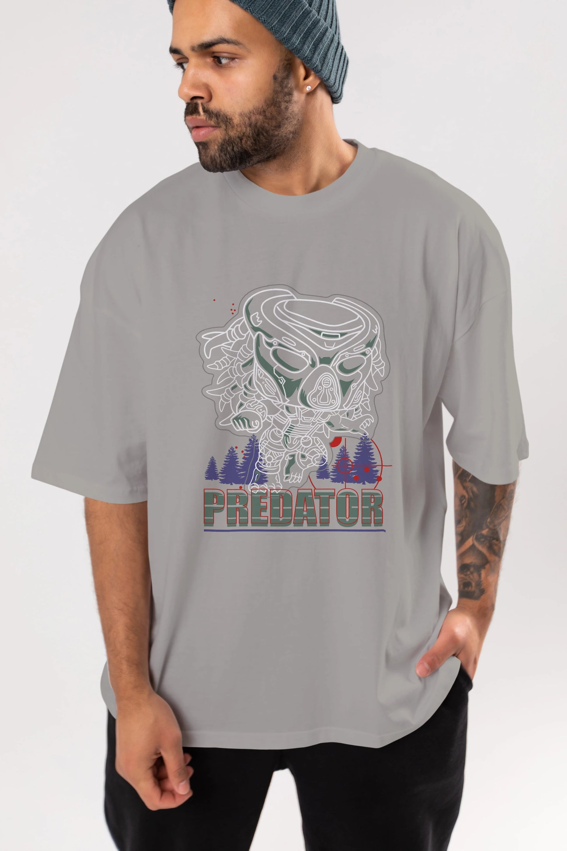 Predator Ön Baskılı Oversize t-shirt Erkek Kadın Unisex %100 Pamuk Bisiklet Yaka tişort