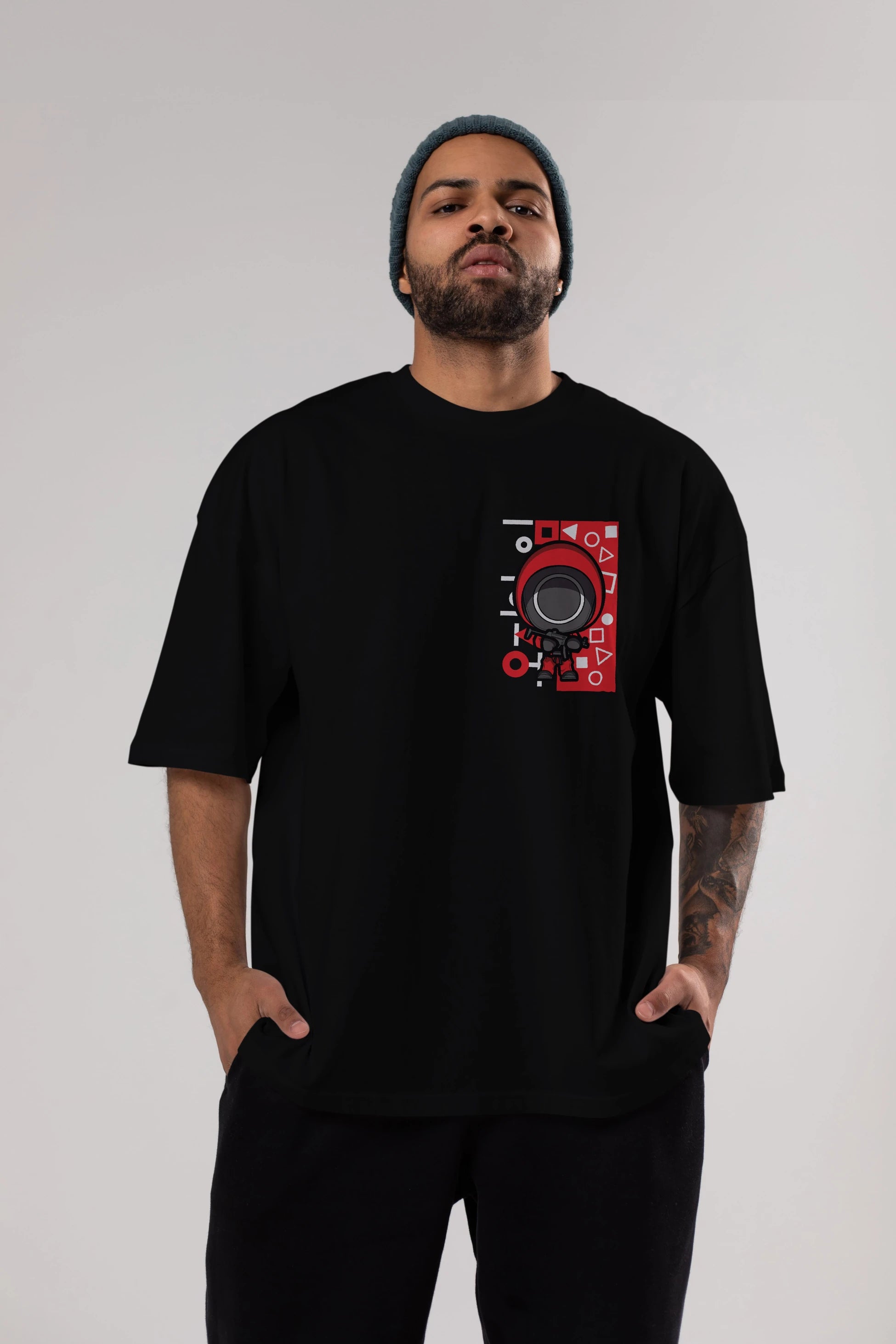 Squid Game (4) Ön Sol Baskılı Oversize t-shirt Erkek Kadın Unisex %100 Pamuk Bisiklet Yaka tişort