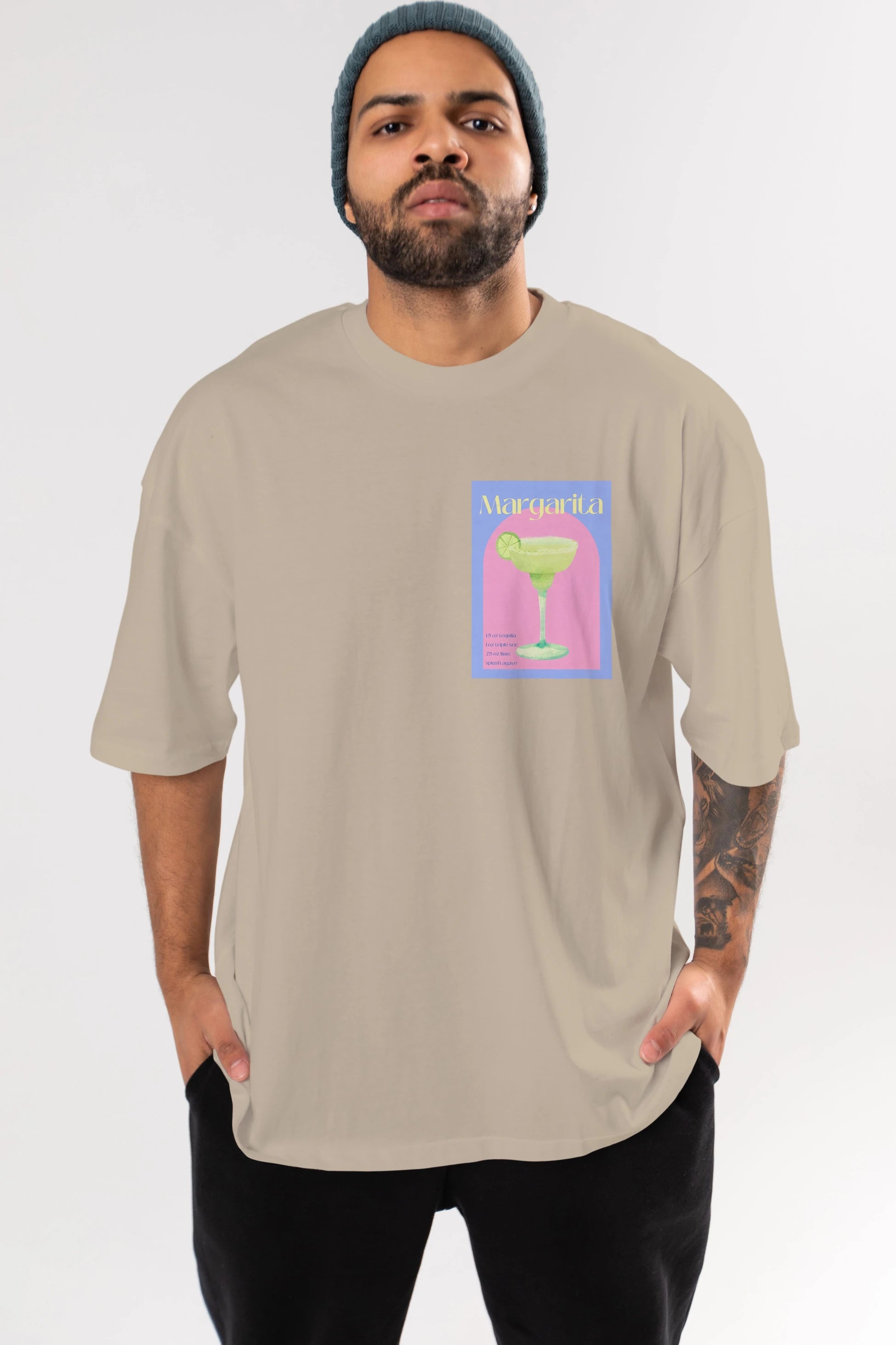 Margarita 6 Ön Sol Baskılı Oversize t-shirt Erkek Kadın Unisex %100 Pamuk Bisiklet Yaka tişort