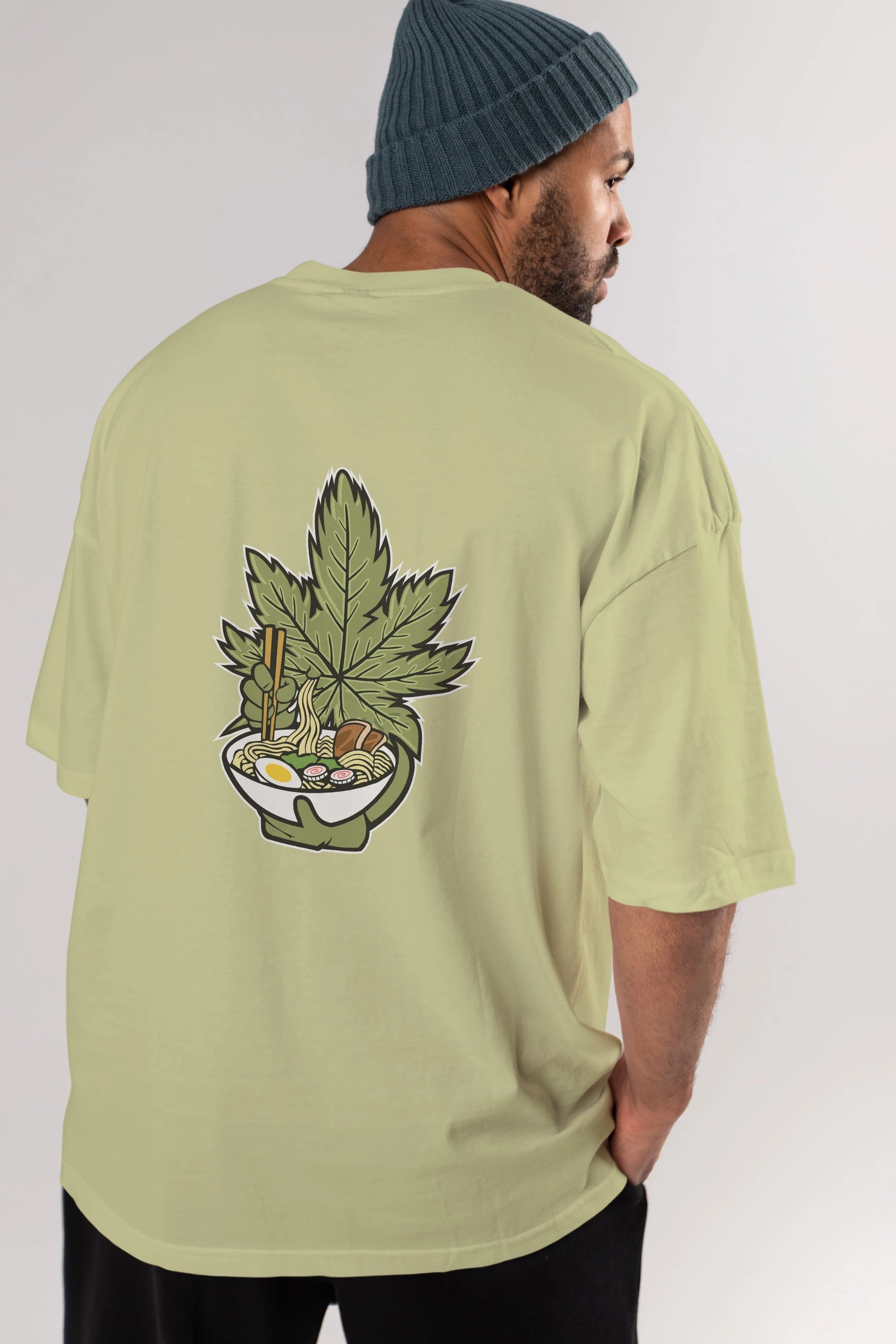 Weed Ramen Arka Baskılı Oversize t-shirt Erkek Kadın Unisex %100 Pamuk tişort