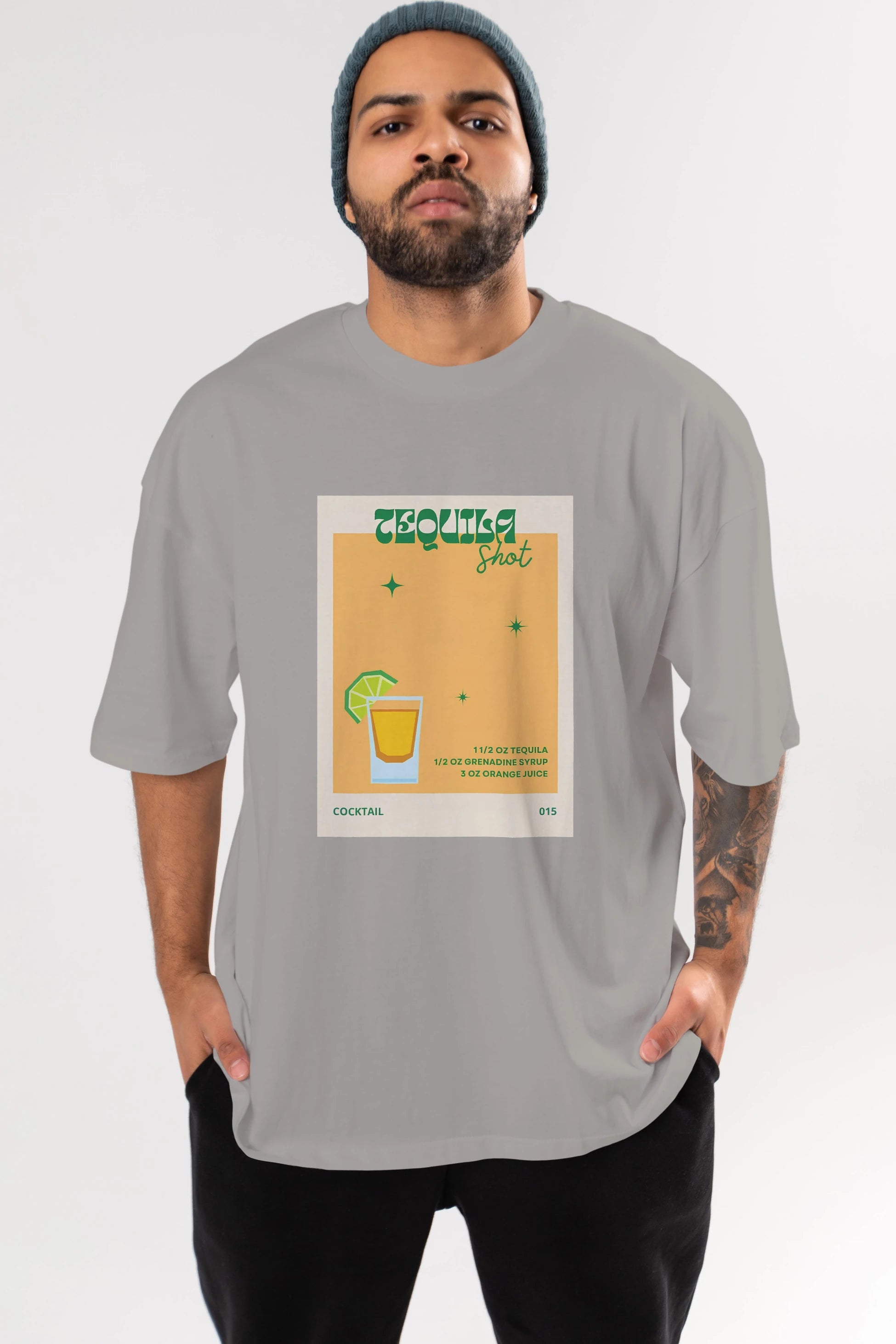 Tequila Shot 2 Ön Baskılı Oversize t-shirt Erkek Kadın Unisex %100 Pamuk Bisiklet Yaka tişort