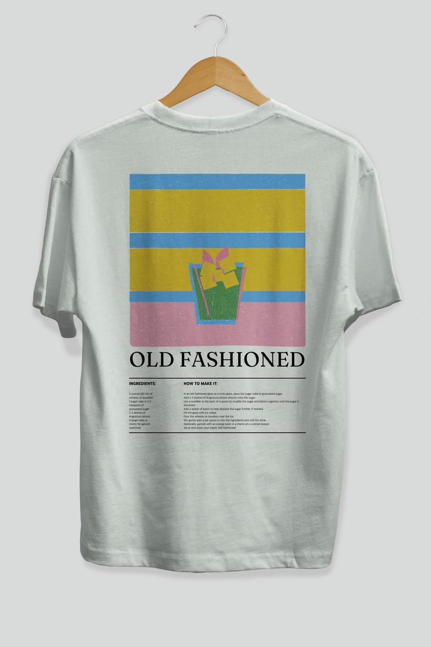 Old Fashioned Kokteyl Serisi Arka Baskılı Oversize t-shirt Erkek Kadın %100 Pamuk Bisiklet Yaka tişort