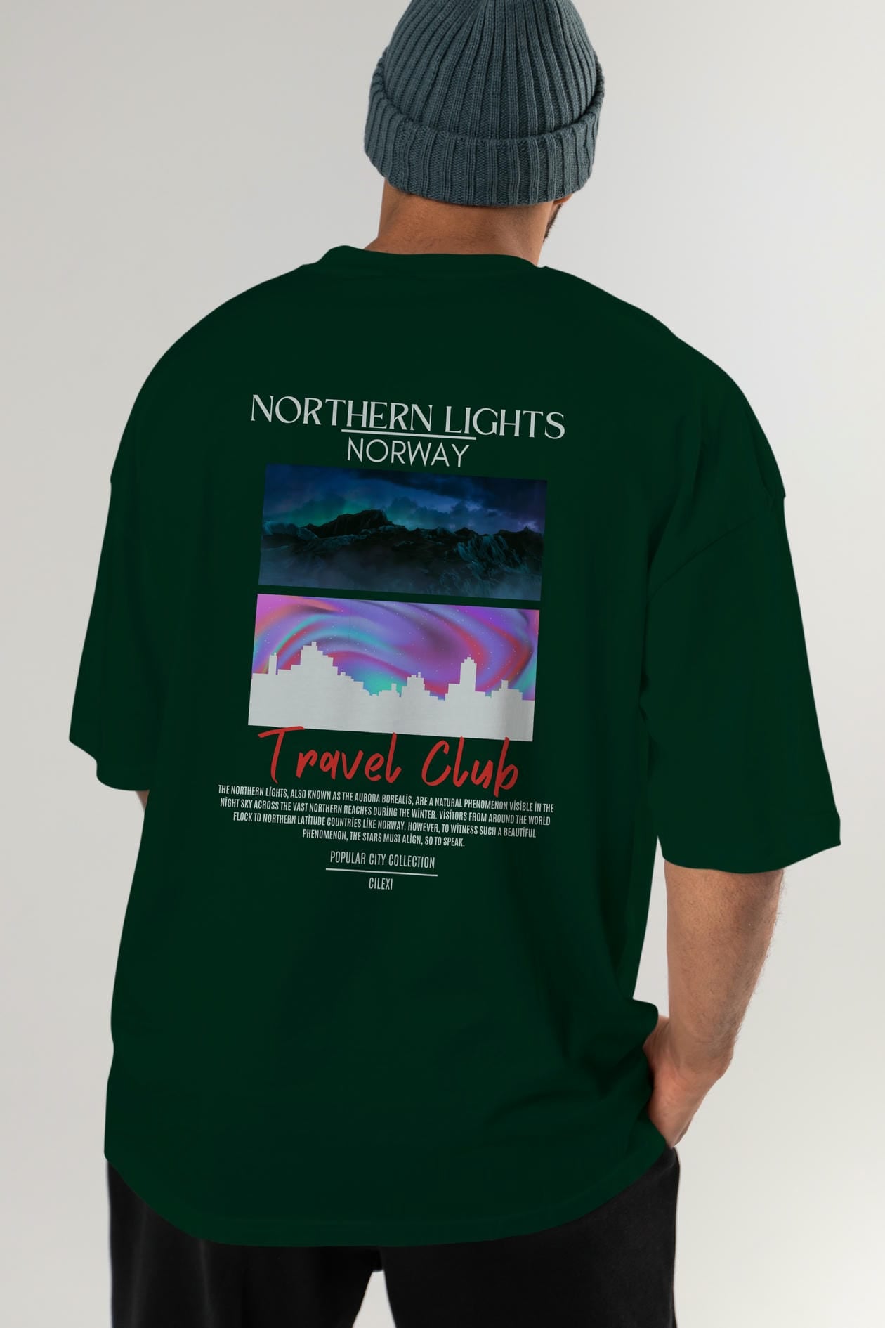Northern Lights Norway Arka Baskılı Oversize t-shirt Erkek Kadın Pamuk Bisiklet Yaka tişort