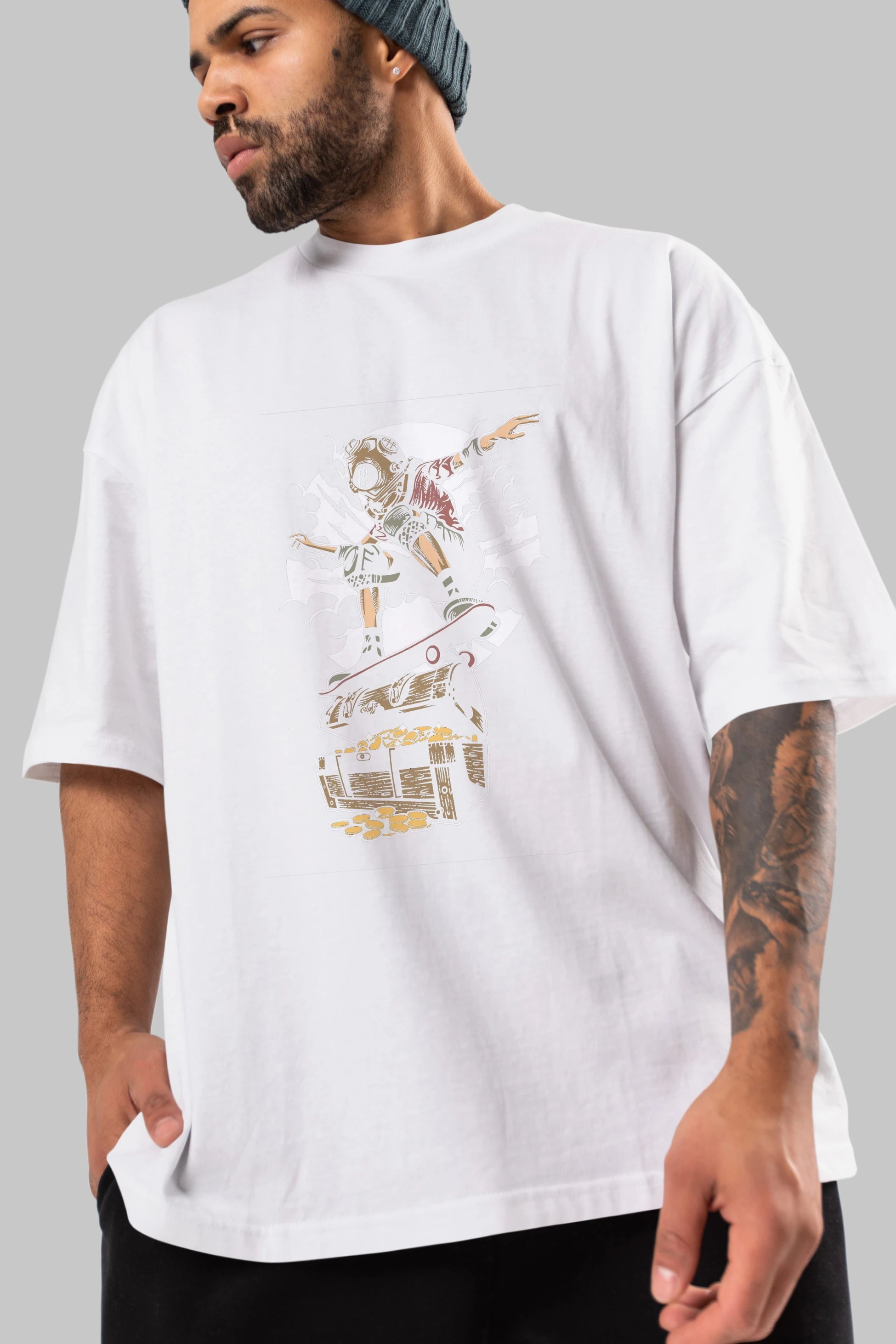 Diver Skater Treasure Ön Baskılı Oversize t-shirt Erkek Kadın Unisex %100 Pamuk tişort