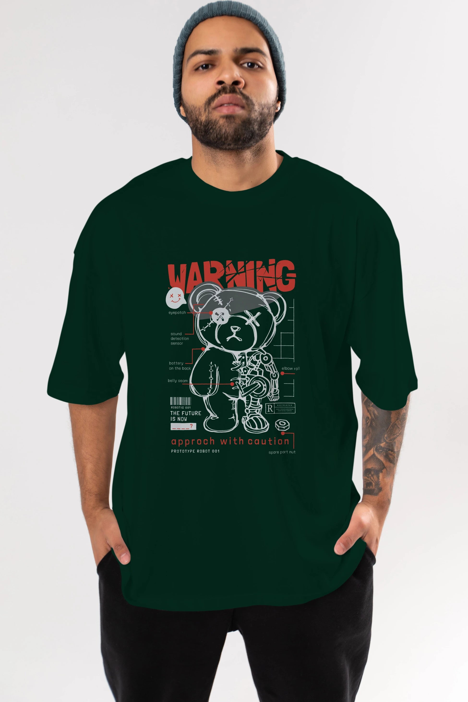 Teddy Bear Warning Ön Baskılı Oversize t-shirt Erkek Kadın Unisex
